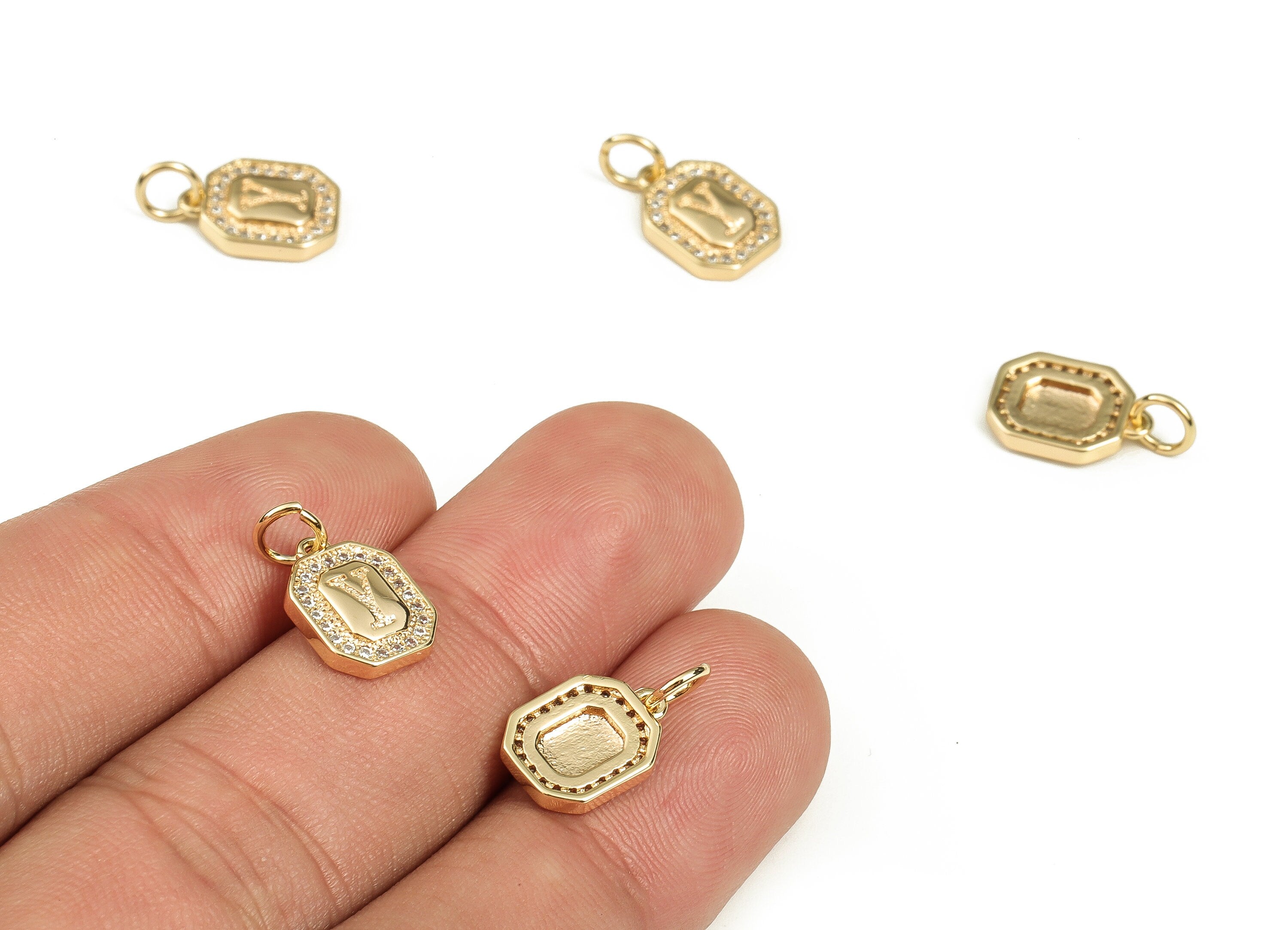 Brass Square Letter Y Earring Charms with Zircons – Initial Y Gold Alphabet Pendant – 18K Real Gold Plated Brass -11.94x8.51x2.43mm-RGP3595Y - DOMEDBAZAAR