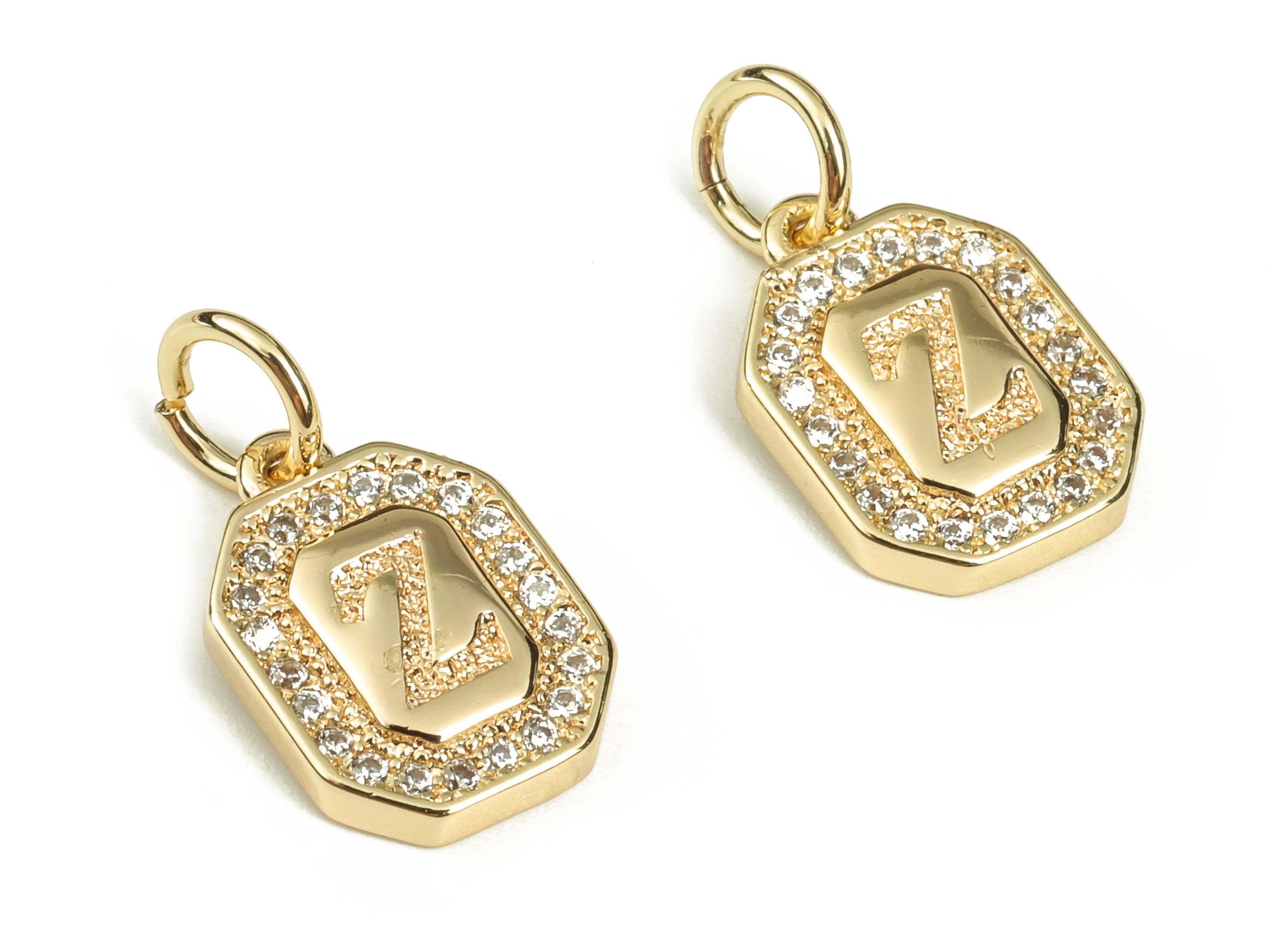 Brass Square Letter Z Earring Charms with Zircons – Initial Z Gold Alphabet Pendant – 18K Real Gold Plated Brass -12.02x8.54x2.42mm-RGP3595Z - DOMEDBAZAAR