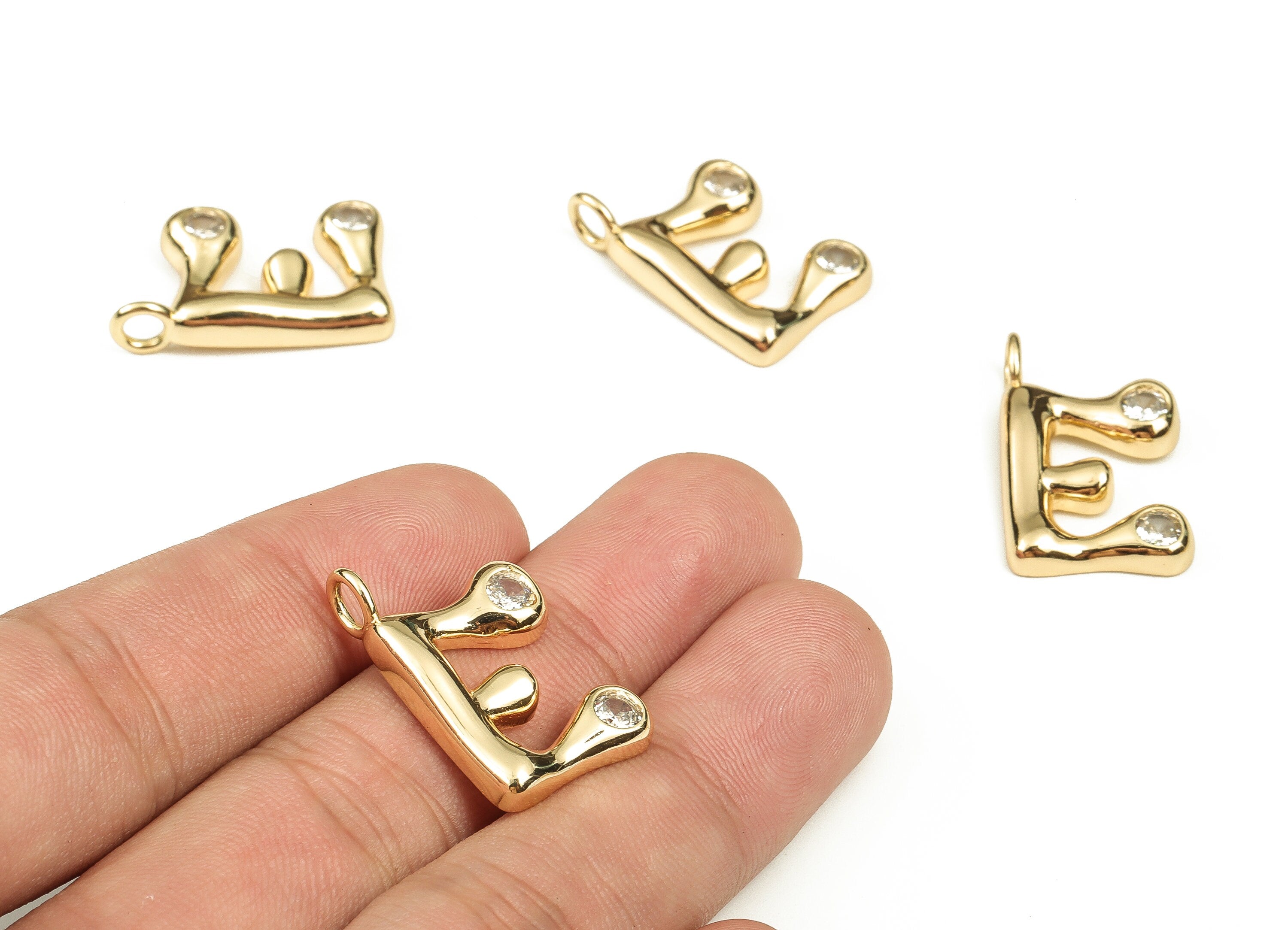 Brass Alphabet E Earring Charms with Zircons - E Initial Charm -The Letter E Pendant - 18K Gold Plated Brass - 25.10x15.60x3.84mm - RGP3668E - DOMEDBAZAAR