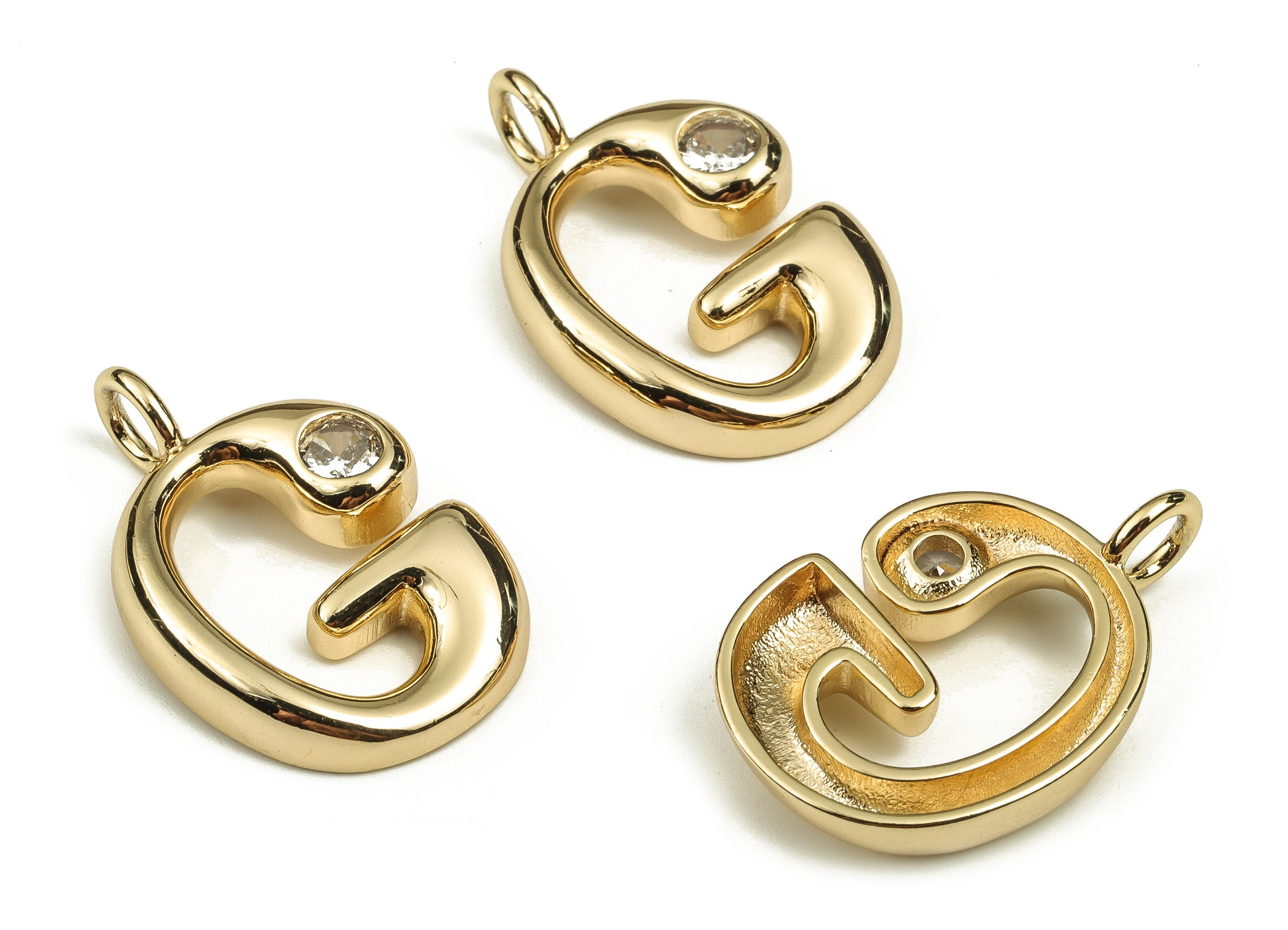 Brass Alphabet Letter Earring Charms with Zircons - Initial Charm -The letter G Charm - 18K Gold Plated Brass -25.03x16.31x3.79mm- RGP3668G - DOMEDBAZAAR