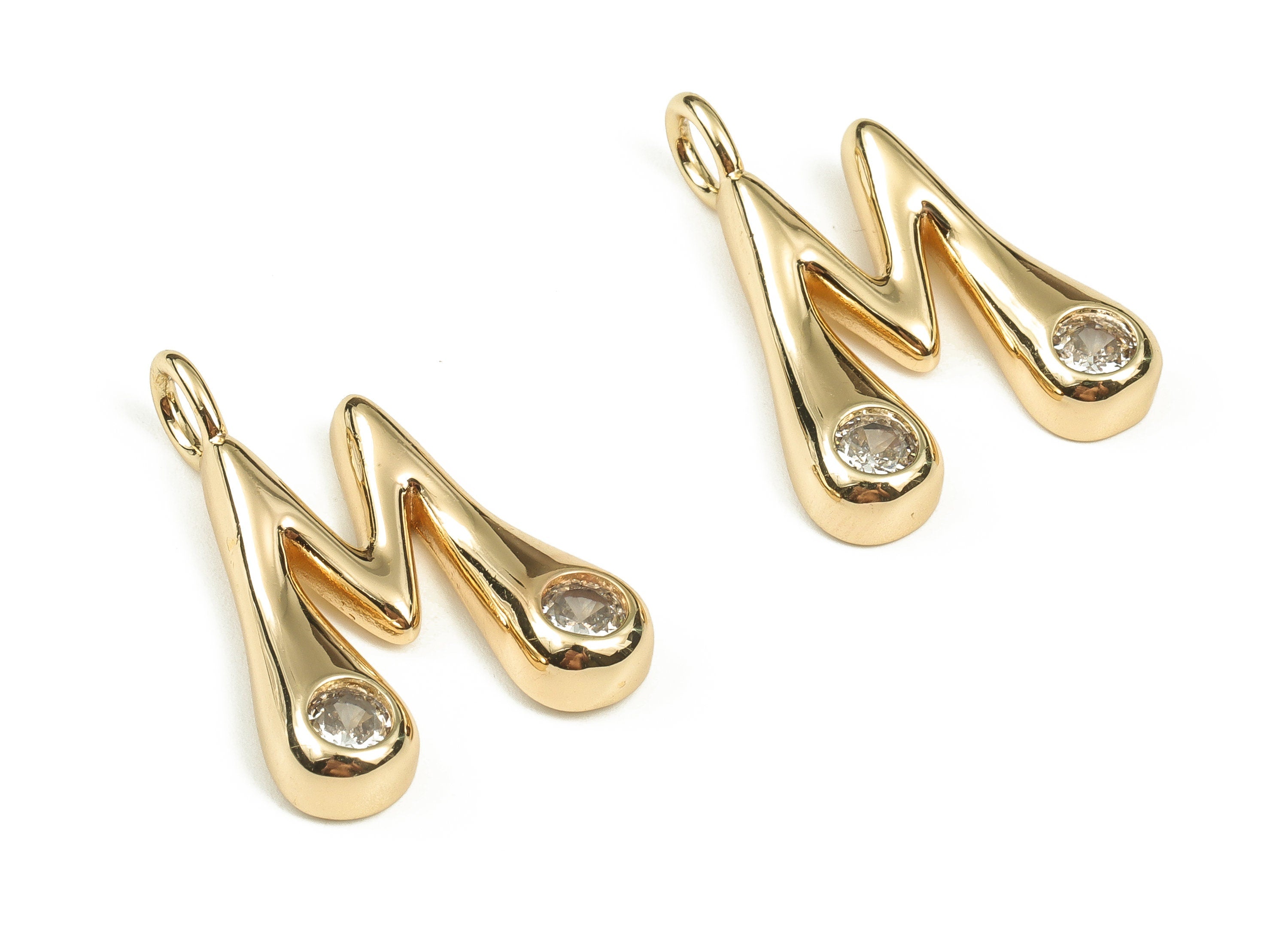 Brass Alphabet M Earring Charms with Zircons - M Initial Charm -The Letter M Pendant - 18K Gold Plated Brass - 23.98x18.90x4.17mm - RGP3668M - DOMEDBAZAAR