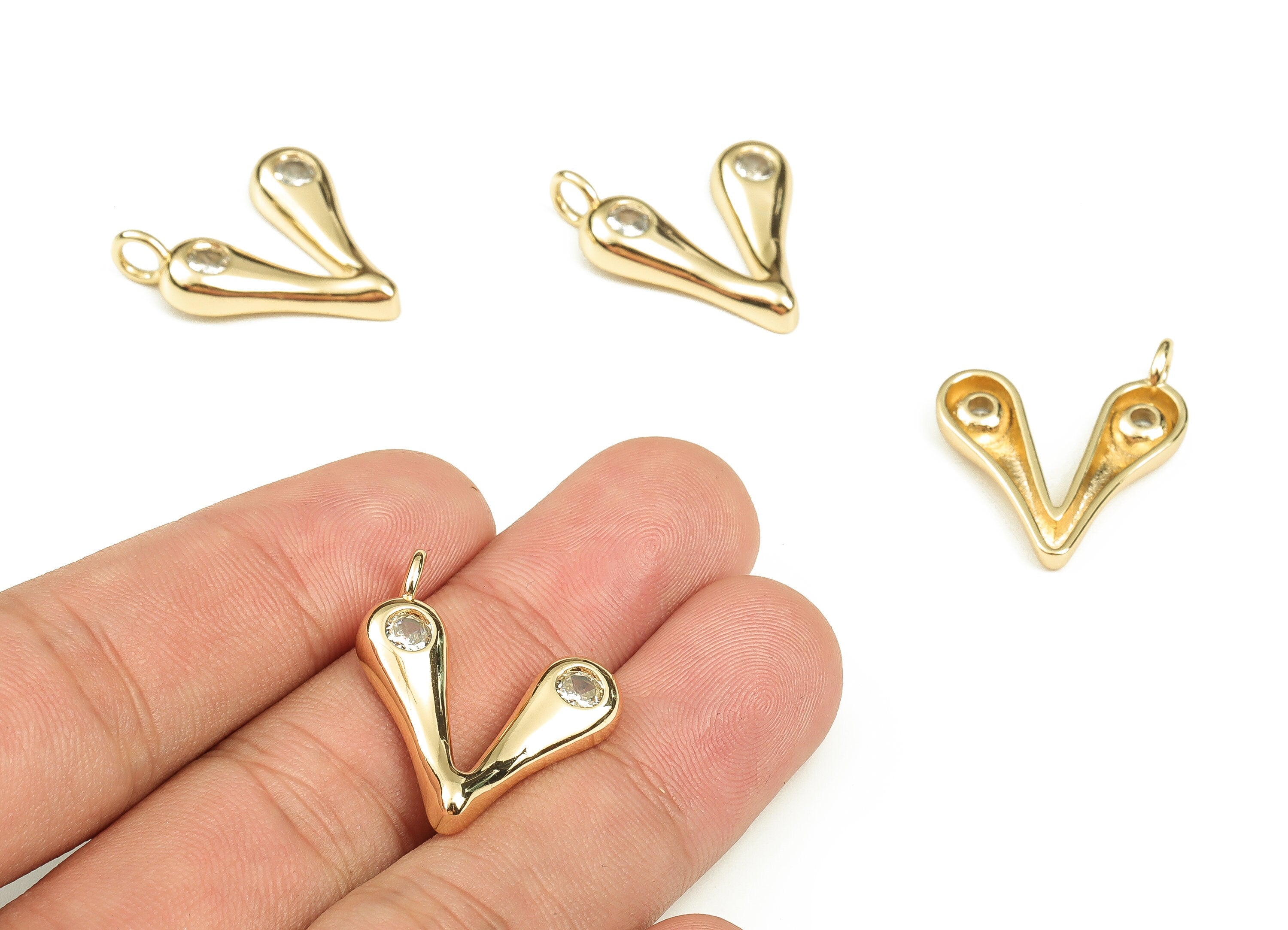 Brass Alphabet V Earring Charms with Zircons - V Initial Charm -The Letter V Pendant - 18K Gold Plated Brass - 25.97x21.55x3.65mm - RGP3668V - DOMEDBAZAAR