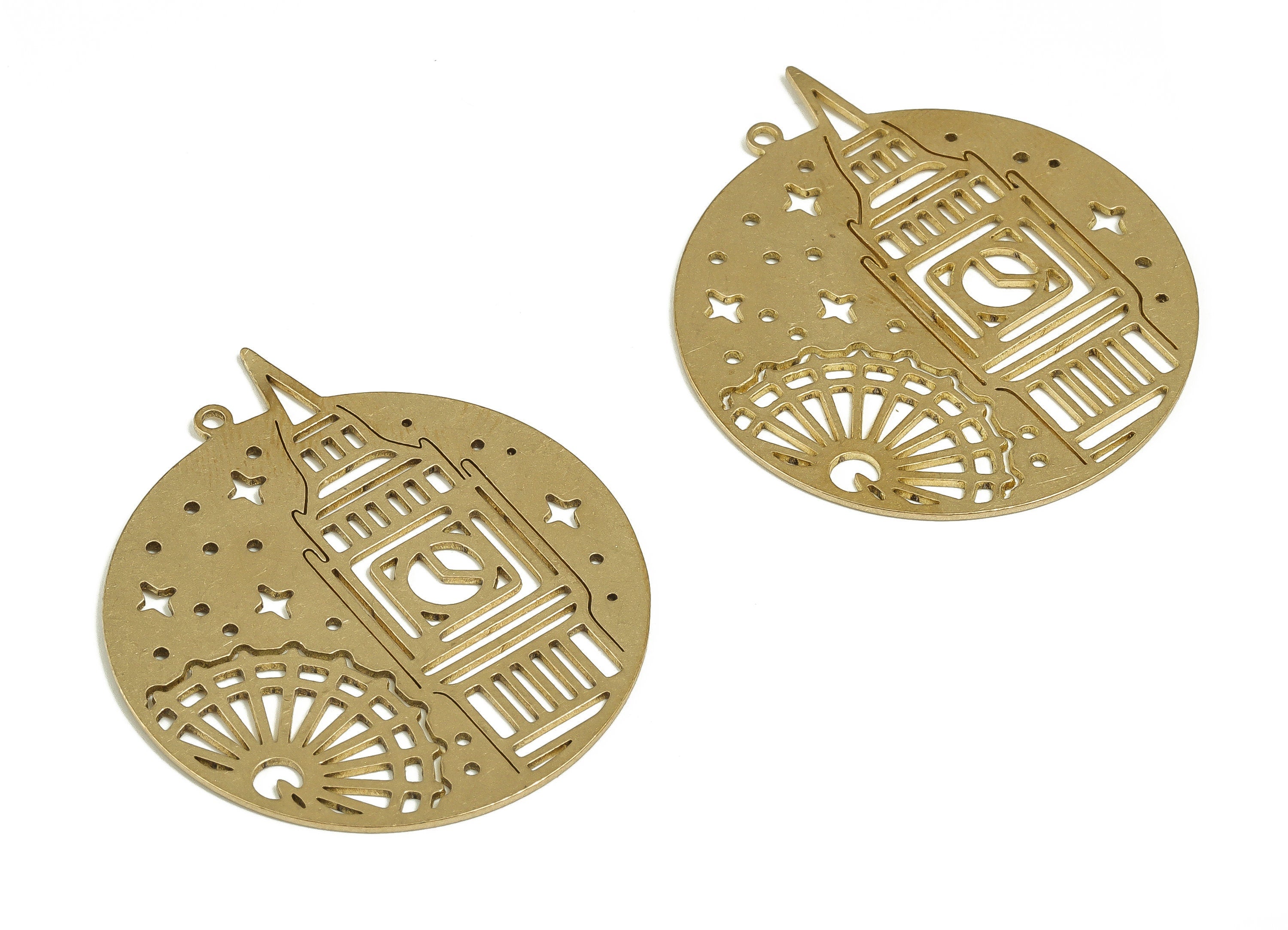 Brass Round Ferris Wheel Earring Charms - Raw Brass Clock Star Pendant - Earrings Finding - Jewelry Supplies - 40.53x34.93x0.76mm - PP4700 - DOMEDBAZAAR