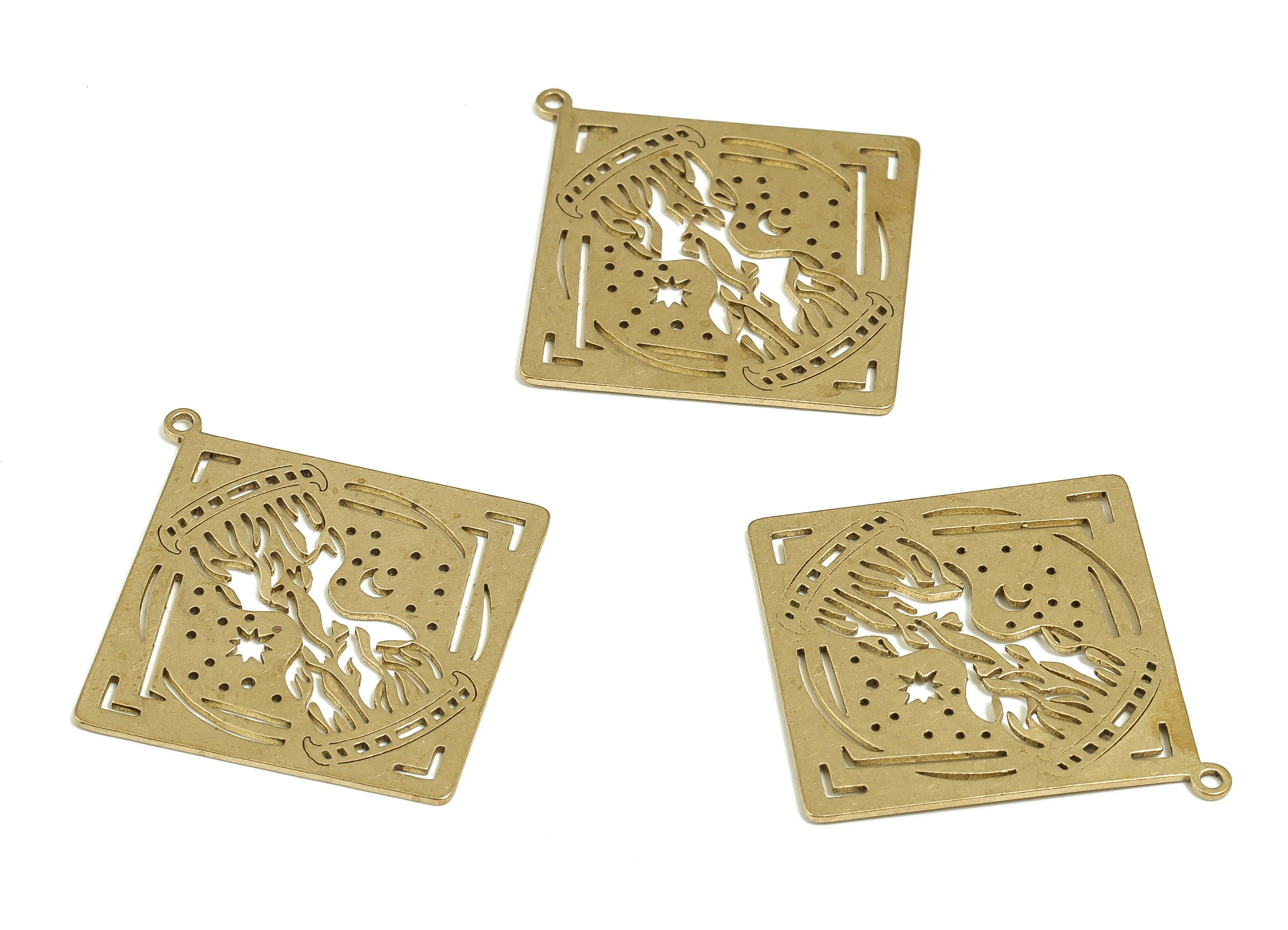 Brass Square Earring Charms - Raw Brass Moon Star Pendant - Earrings Finding - Jewelry Making Supplies - 37.14x34.86x0.72mm - PP4697 - DOMEDBAZAAR