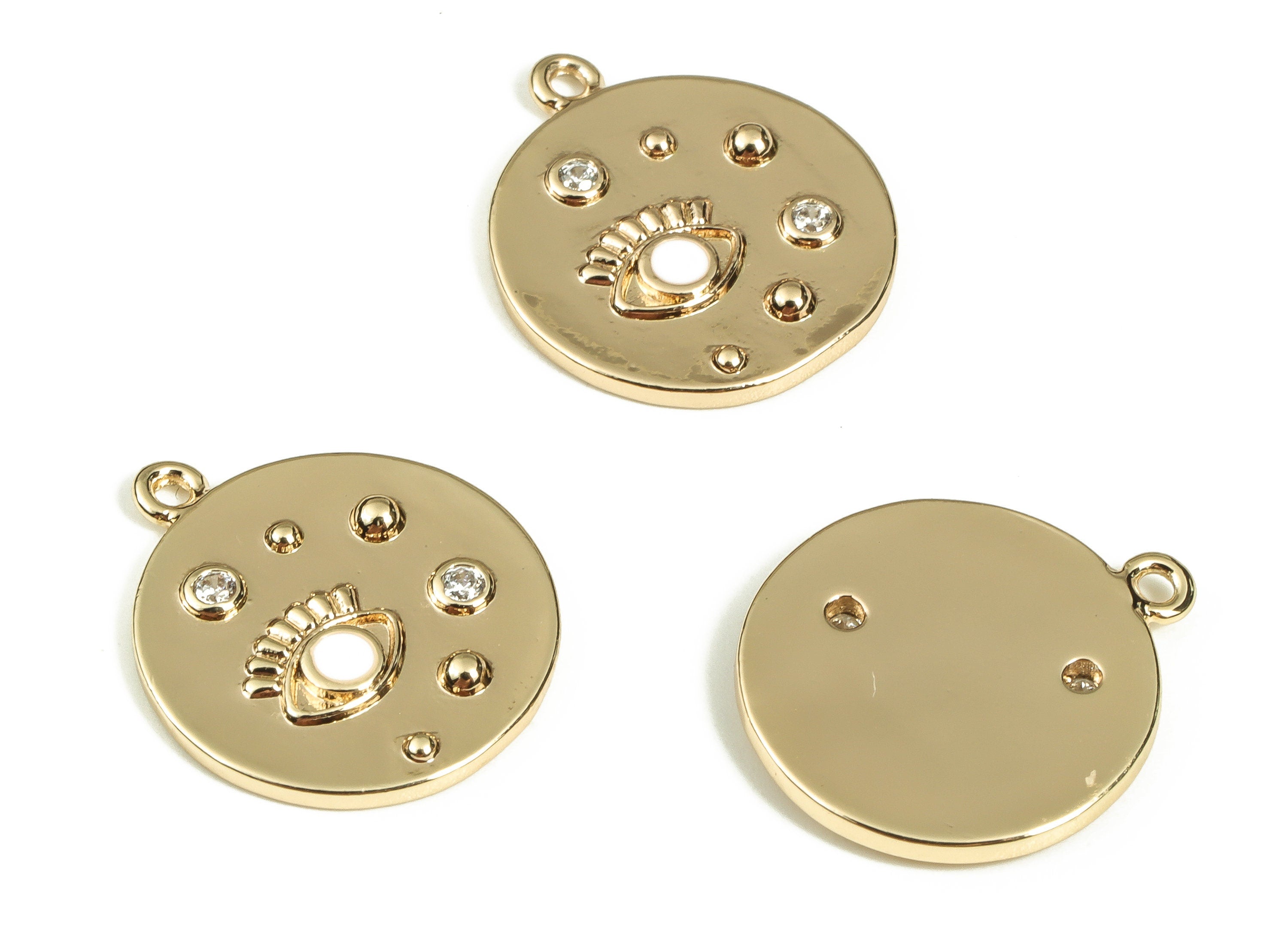 Brass Round Earring Charm with Zircon - Gold Eye Pendant Charm - Enamel Disc Charms - 18K Real Gold Plated Brass -16.5x14.25x1.7mm- RGP3521A - DOMEDBAZAAR