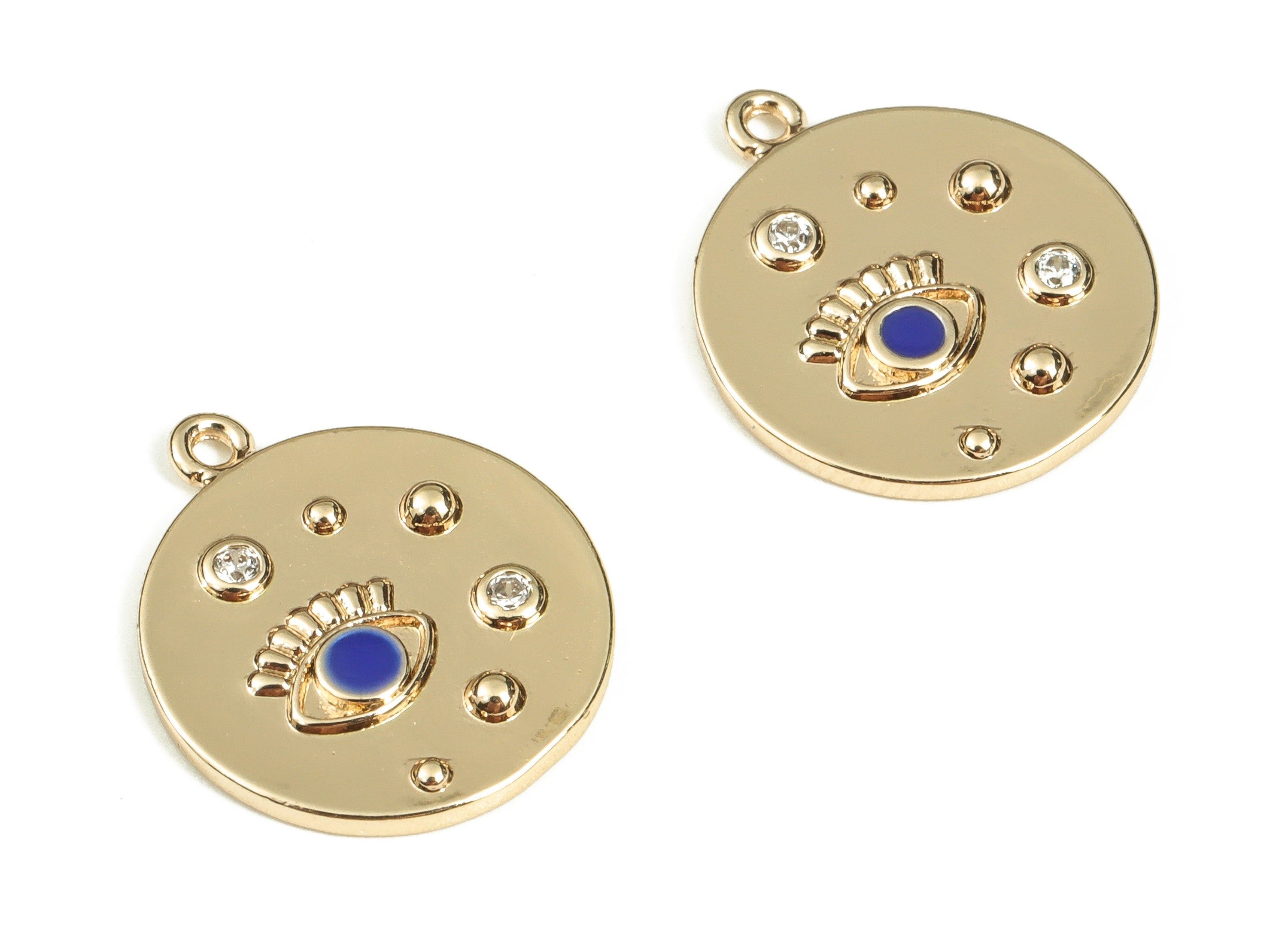 Brass Round Earring Charms With Zircons - Gold Eye Pendant - 18K Real Gold Plated Brass - Jewelry Supplies - 16.5x14.25x1.7mm - RGP3521B - DOMEDBAZAAR