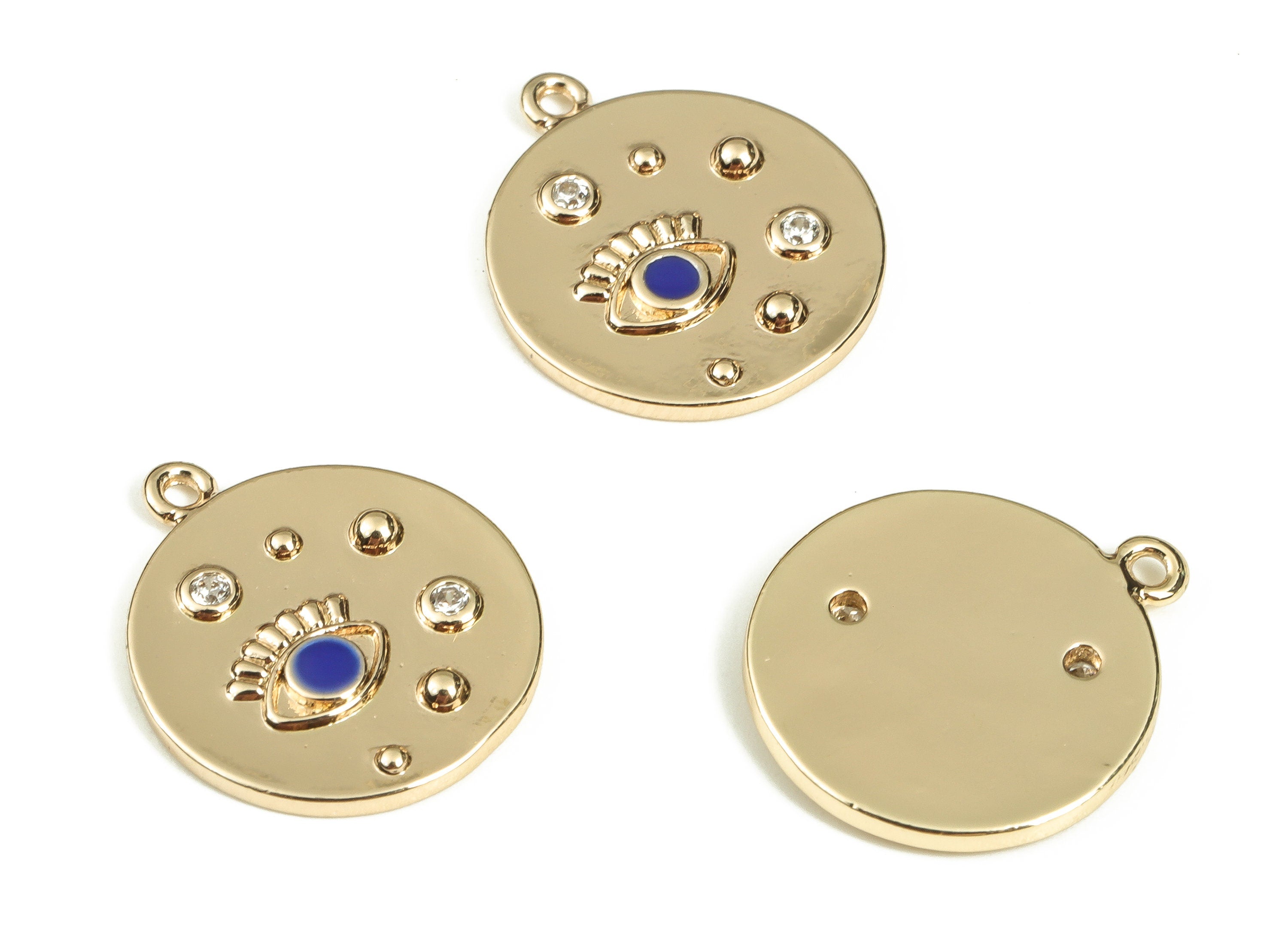 Brass Round Earring Charms With Zircons - Gold Eye Pendant - 18K Real Gold Plated Brass - Jewelry Supplies - 16.5x14.25x1.7mm - RGP3521B - DOMEDBAZAAR