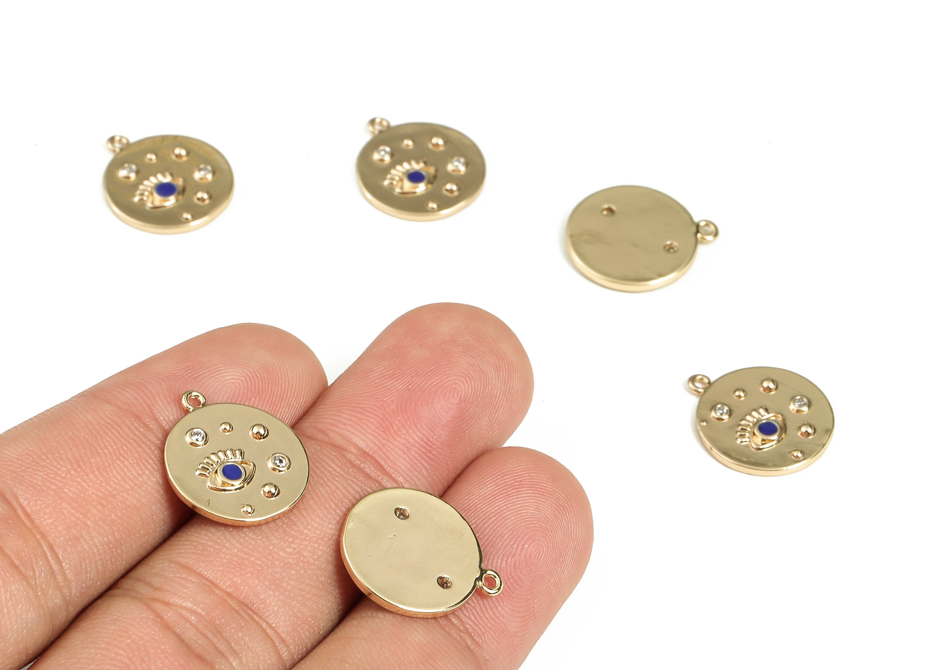 Brass Round Earring Charms With Zircons - Gold Eye Pendant - 18K Real Gold Plated Brass - Jewelry Supplies - 16.5x14.25x1.7mm - RGP3521B - DOMEDBAZAAR