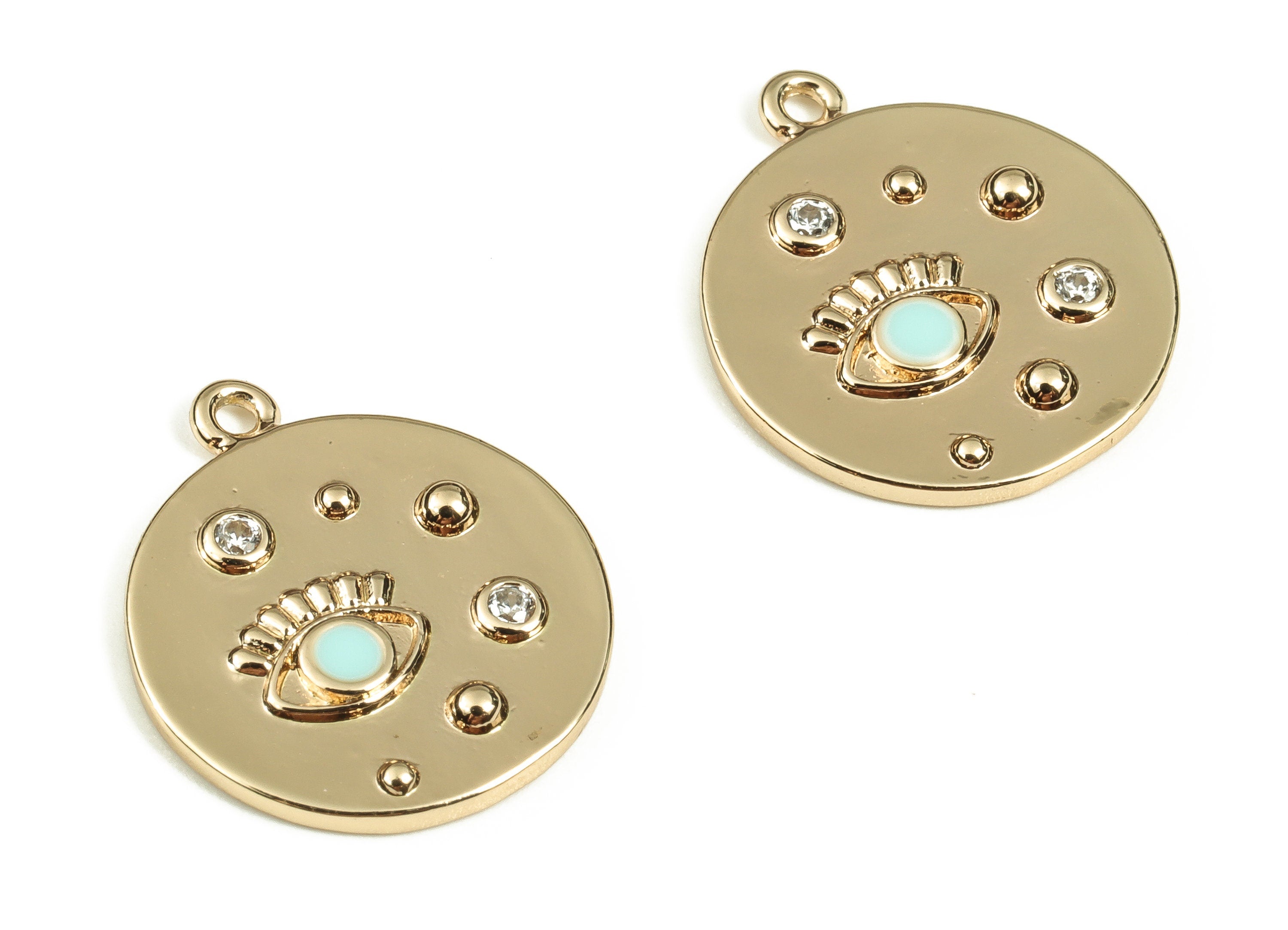 Brass Round Earring Charms With Zircons - Gold Eye Pendant - 18K Real Gold Plated Brass - Jewelry Supplies - 16.5x14.25x1.7mm - RGP3521C - DOMEDBAZAAR
