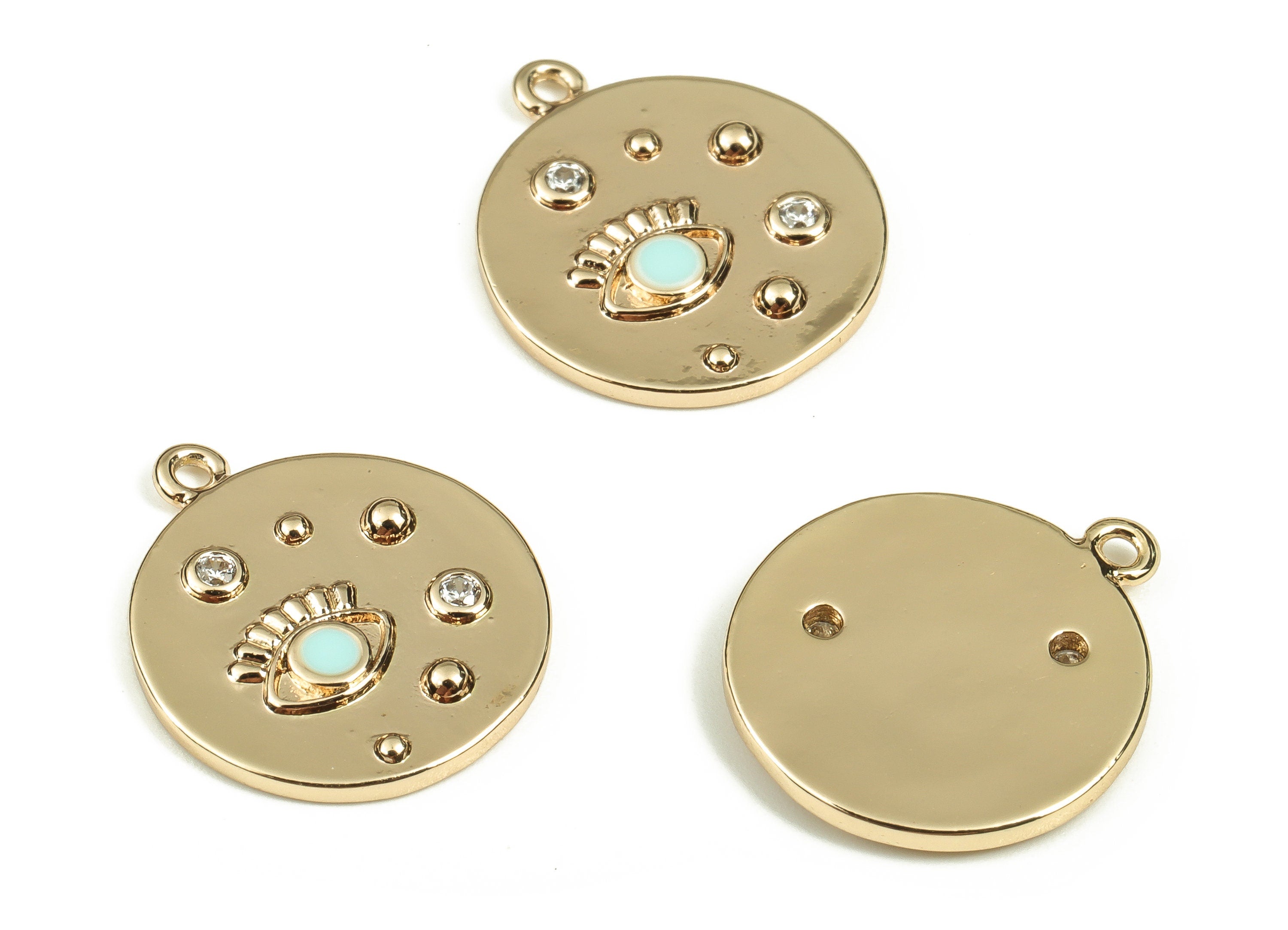 Brass Round Earring Charms With Zircons - Gold Eye Pendant - 18K Real Gold Plated Brass - Jewelry Supplies - 16.5x14.25x1.7mm - RGP3521C - DOMEDBAZAAR