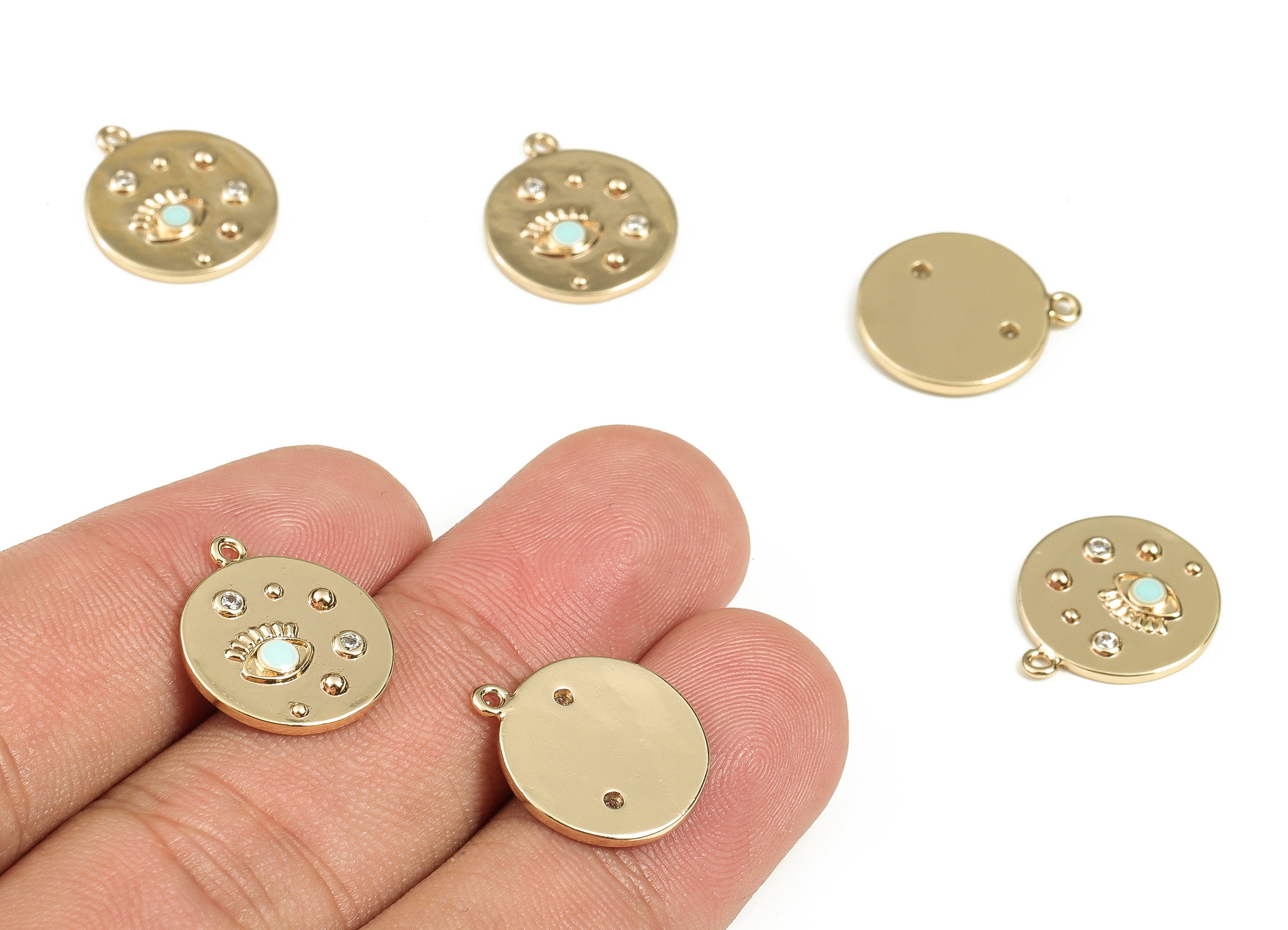 Brass Round Earring Charms With Zircons - Gold Eye Pendant - 18K Real Gold Plated Brass - Jewelry Supplies - 16.5x14.25x1.7mm - RGP3521C - DOMEDBAZAAR