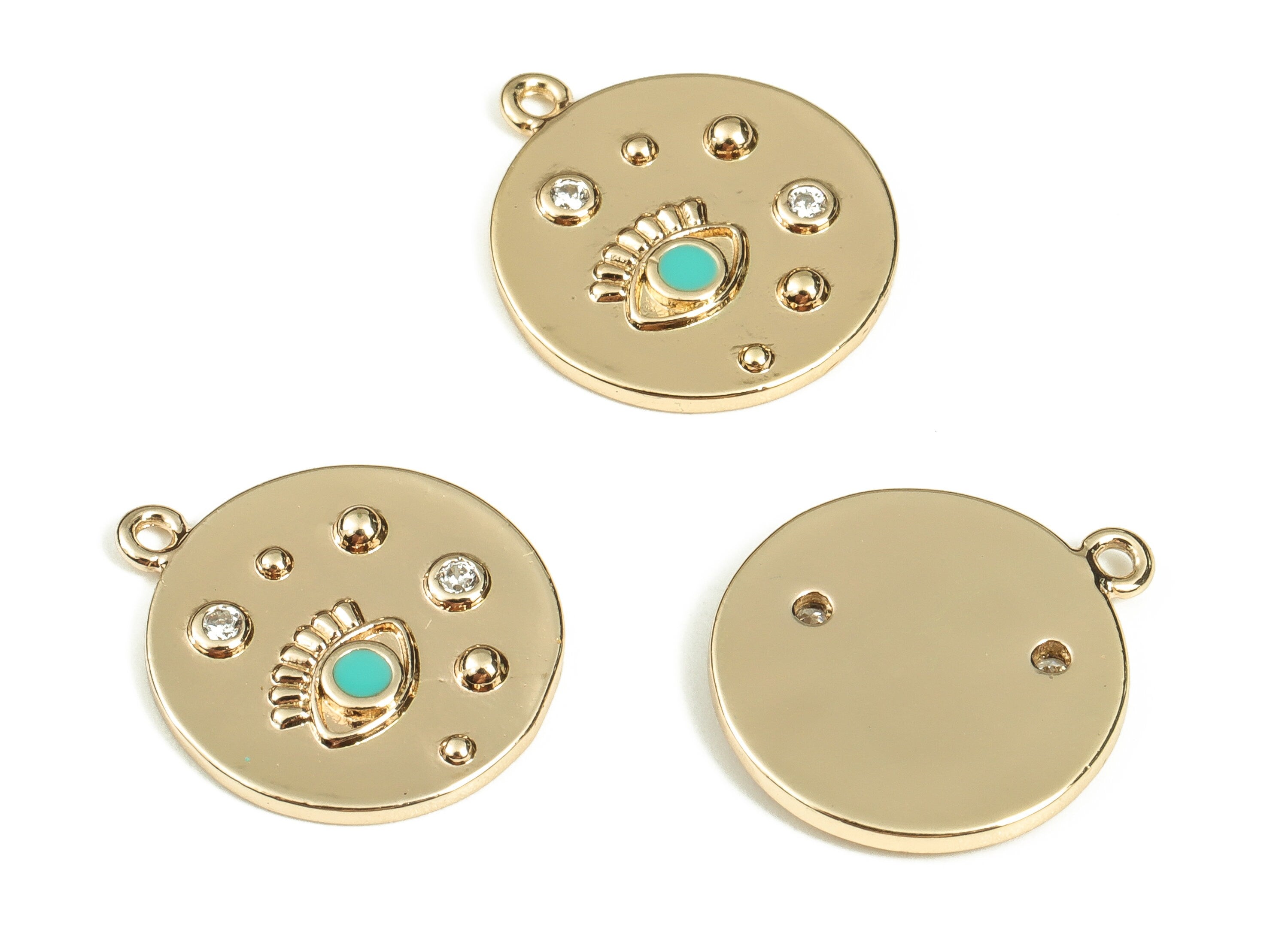 Brass Round Earring Charms With Zircons - Gold Eye Pendant - 18K Real Gold Plated Brass - Jewelry Supplies - 16.5x14.25x1.7mm - RGP3521D - DOMEDBAZAAR