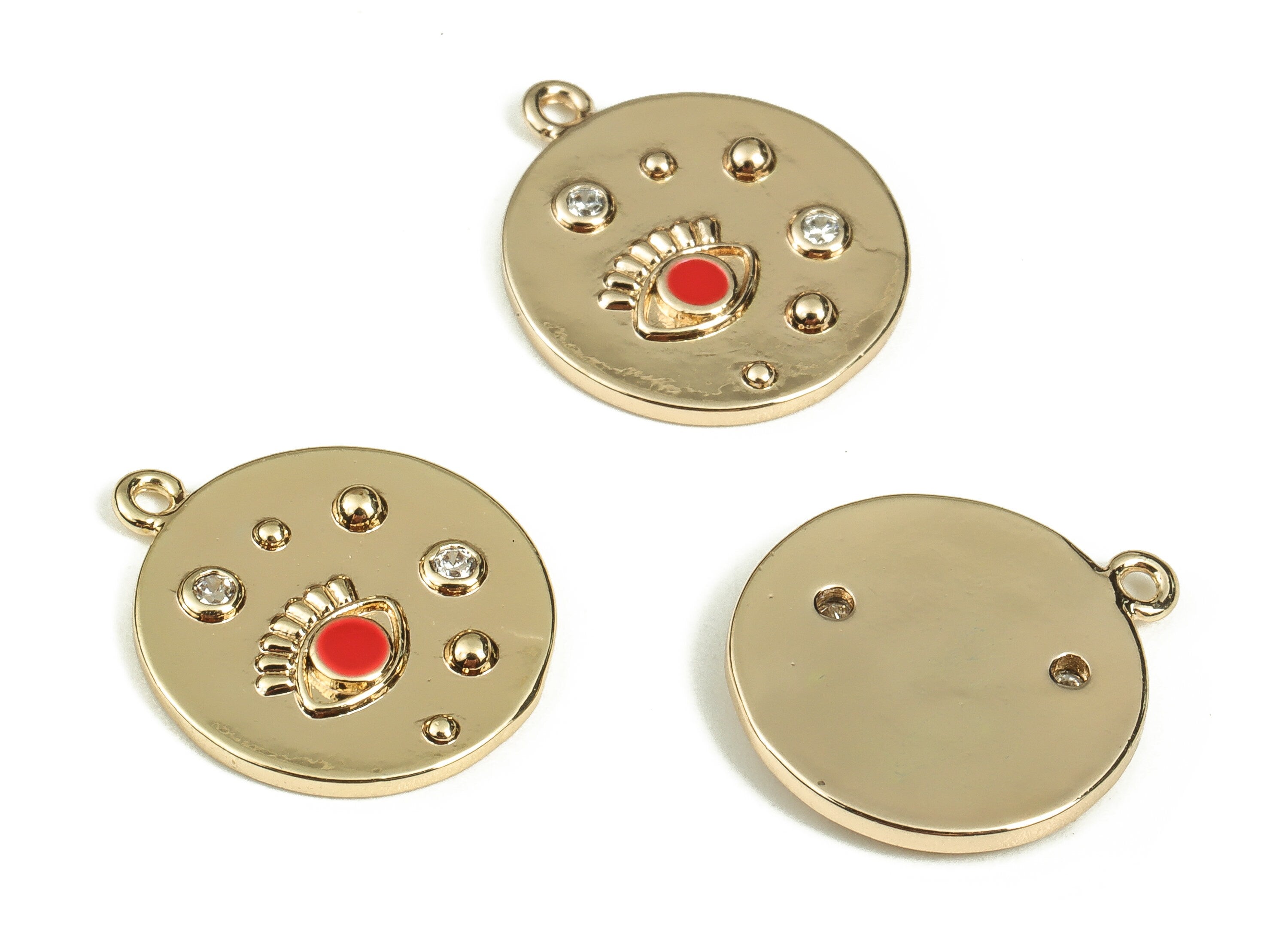 Brass Round Earring Charms With Zircons - Gold Eye Pendant - 18K Real Gold Plated Brass - Jewelry Supplies - 16.5x14.25x1.7mm - RGP3521E - DOMEDBAZAAR