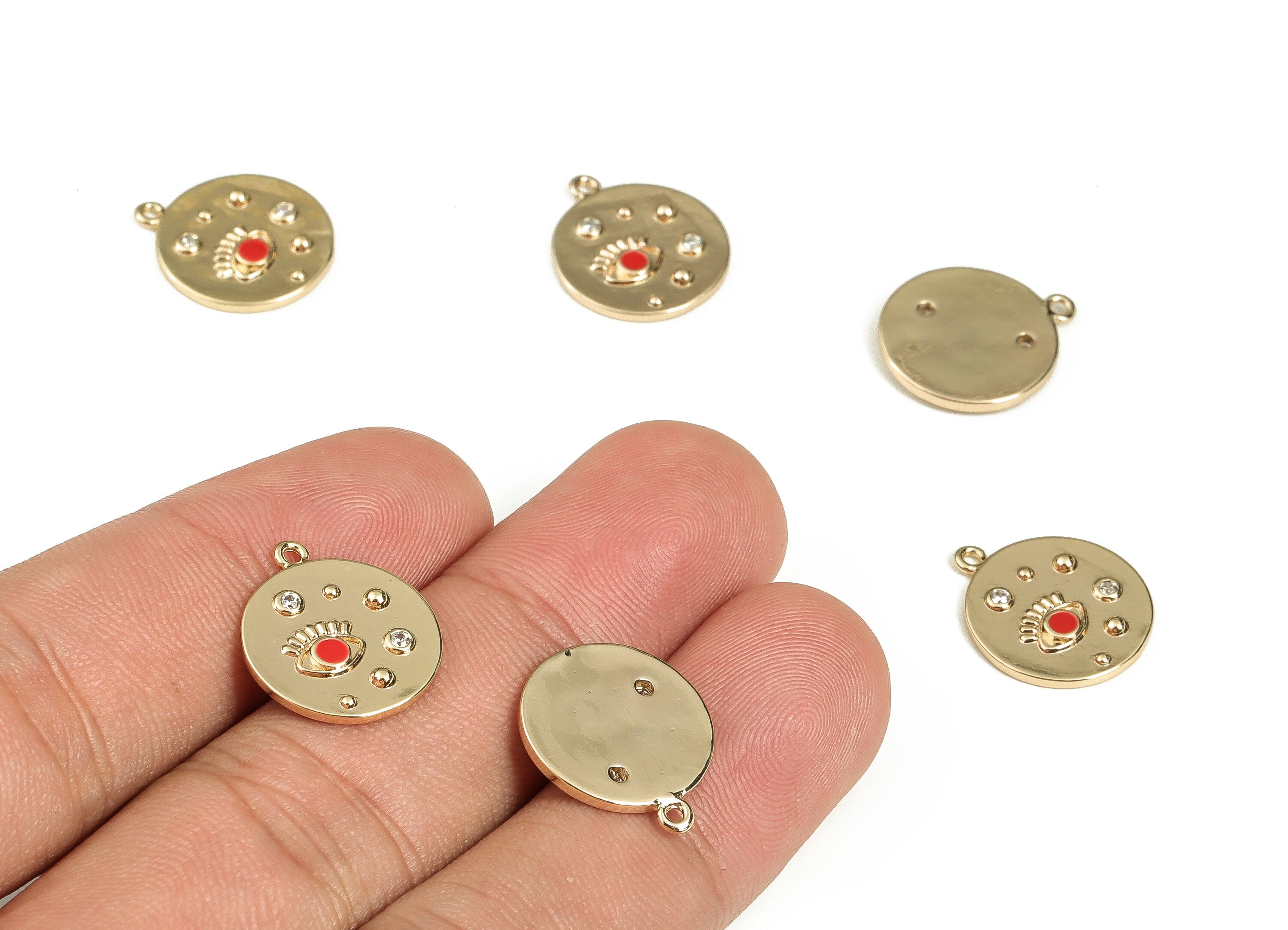 Brass Round Earring Charms With Zircons - Gold Eye Pendant - 18K Real Gold Plated Brass - Jewelry Supplies - 16.5x14.25x1.7mm - RGP3521E - DOMEDBAZAAR