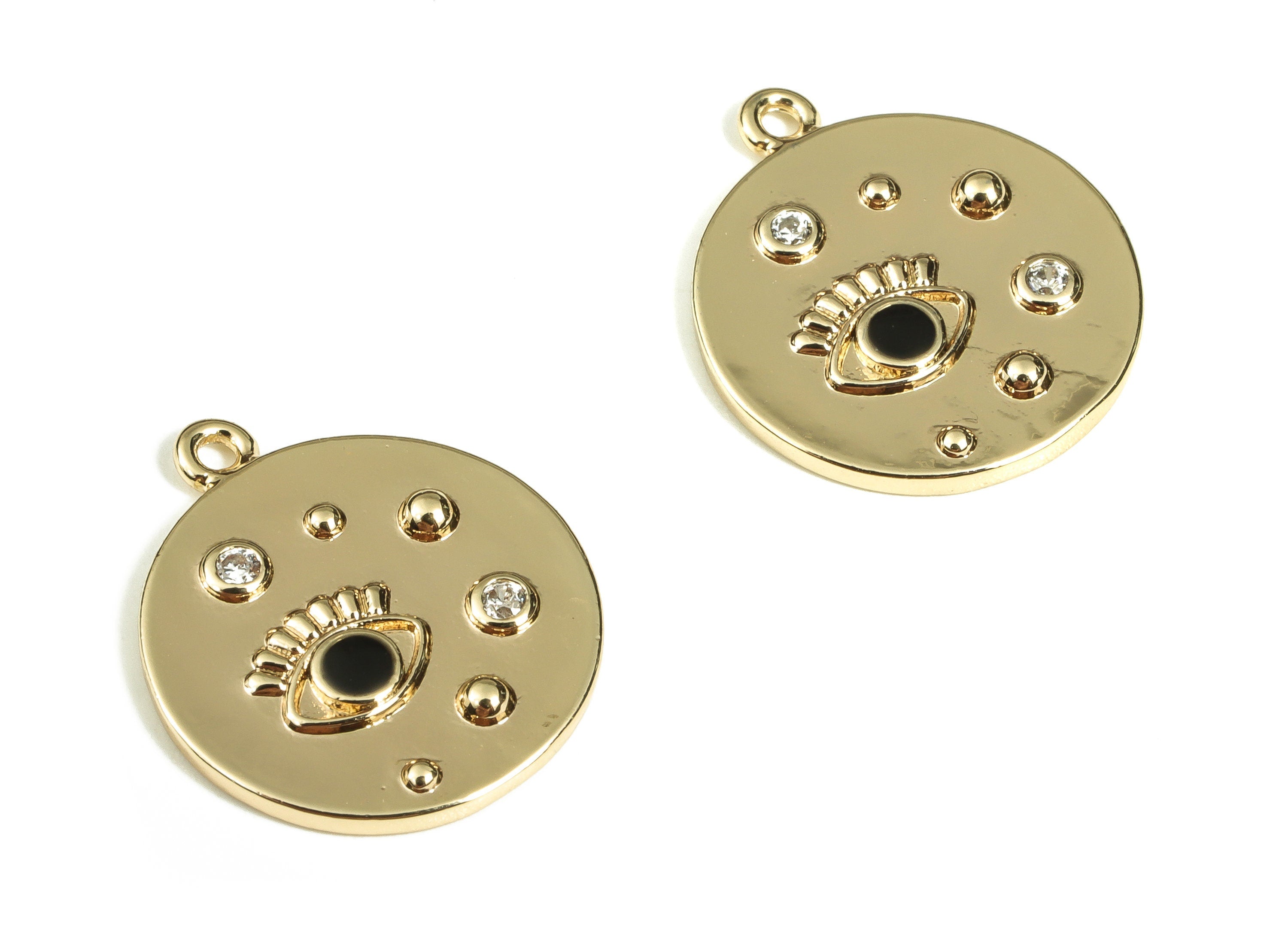 Brass Round Earring Charms With Zircons - Gold Eye Pendant - 18K Real Gold Plated Brass - Jewelry Supplies - 16.5x14.25x1.7mm - RGP3521G - DOMEDBAZAAR