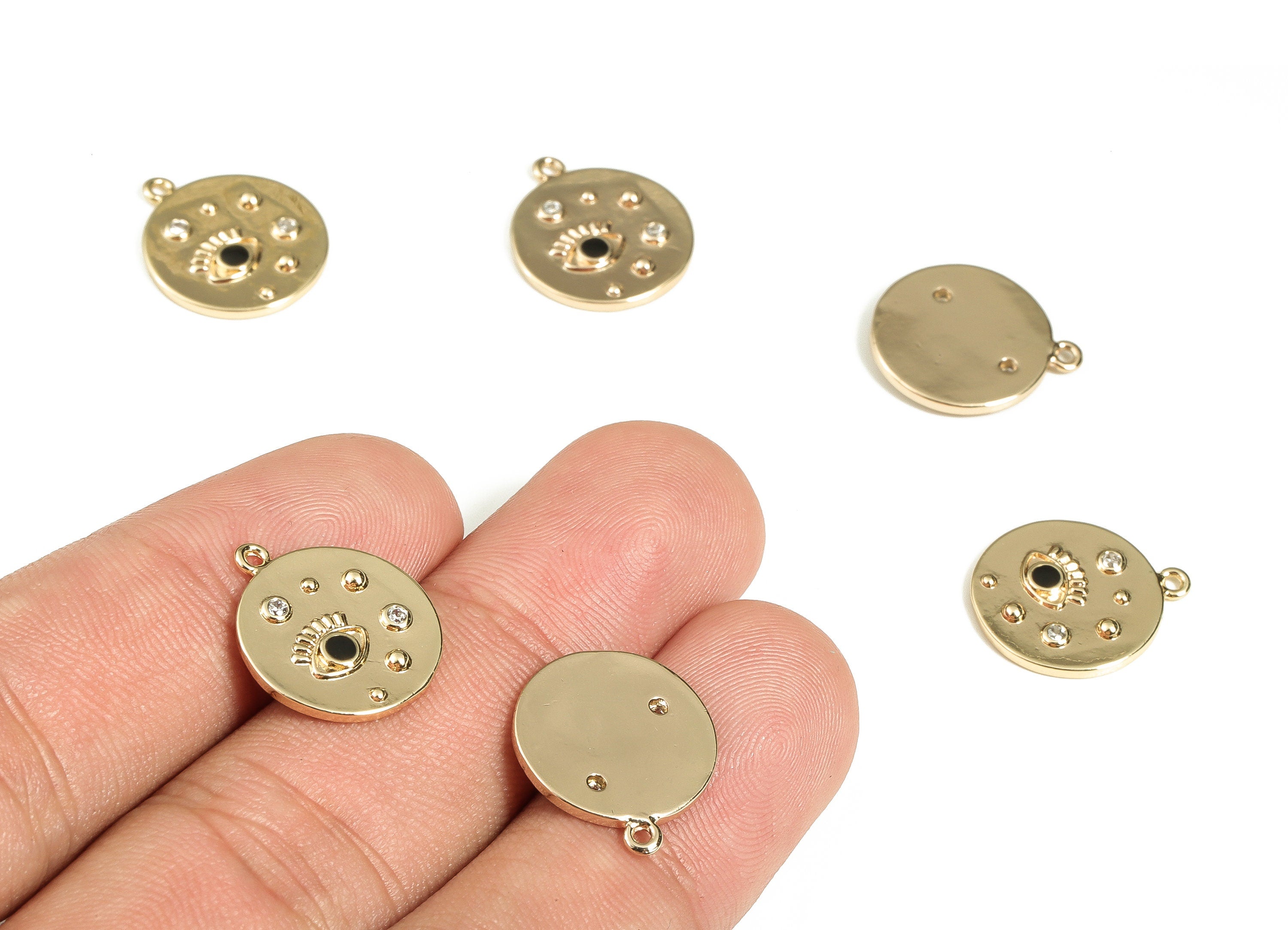 Brass Round Earring Charms With Zircons - Gold Eye Pendant - 18K Real Gold Plated Brass - Jewelry Supplies - 16.5x14.25x1.7mm - RGP3521G - DOMEDBAZAAR