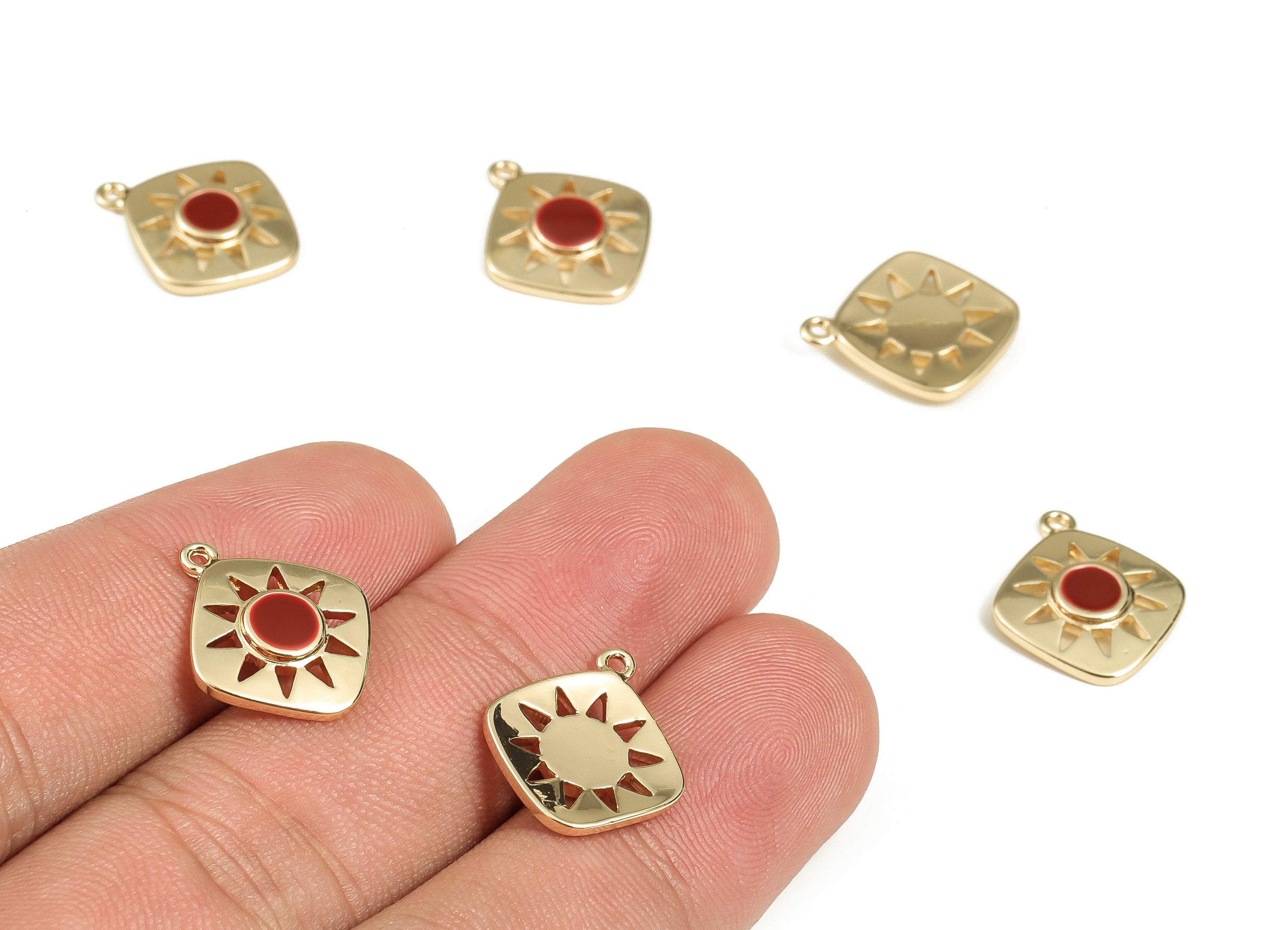 Brass Square Earring Charms - Gold Sun Pendant Charm - Enamel Charms - 18K Gold Plated Brass - Jewelry Supplies -16.5x14.2x2.6mm- RGP3528E - DOMEDBAZAAR
