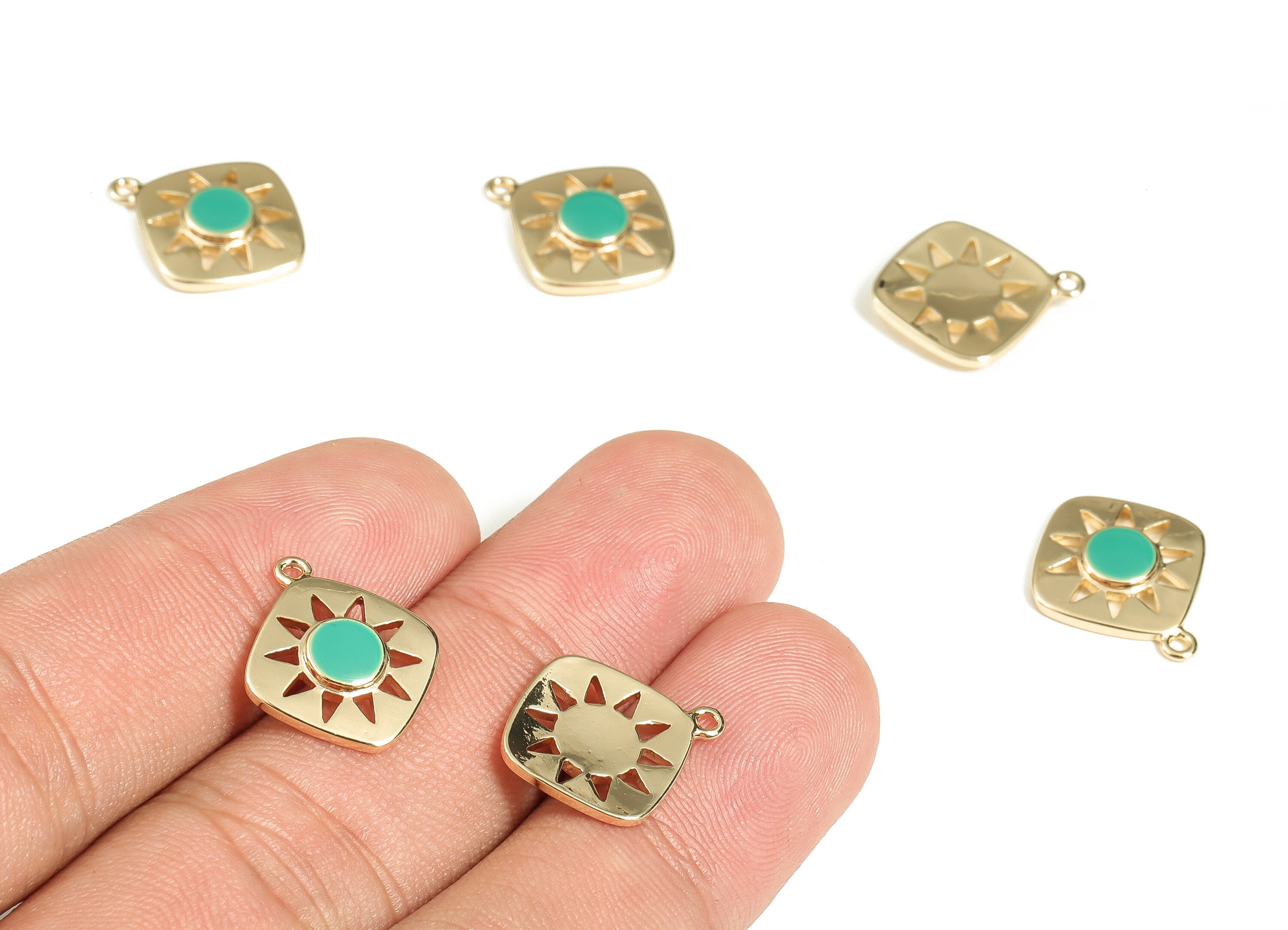Brass Square Earring Charms - Gold Sun Pendant Charm - Enamel Charms - 18K Gold Plated Brass - Jewelry Supplies -16.5x14.2x2.6mm- RGP3528F - DOMEDBAZAAR