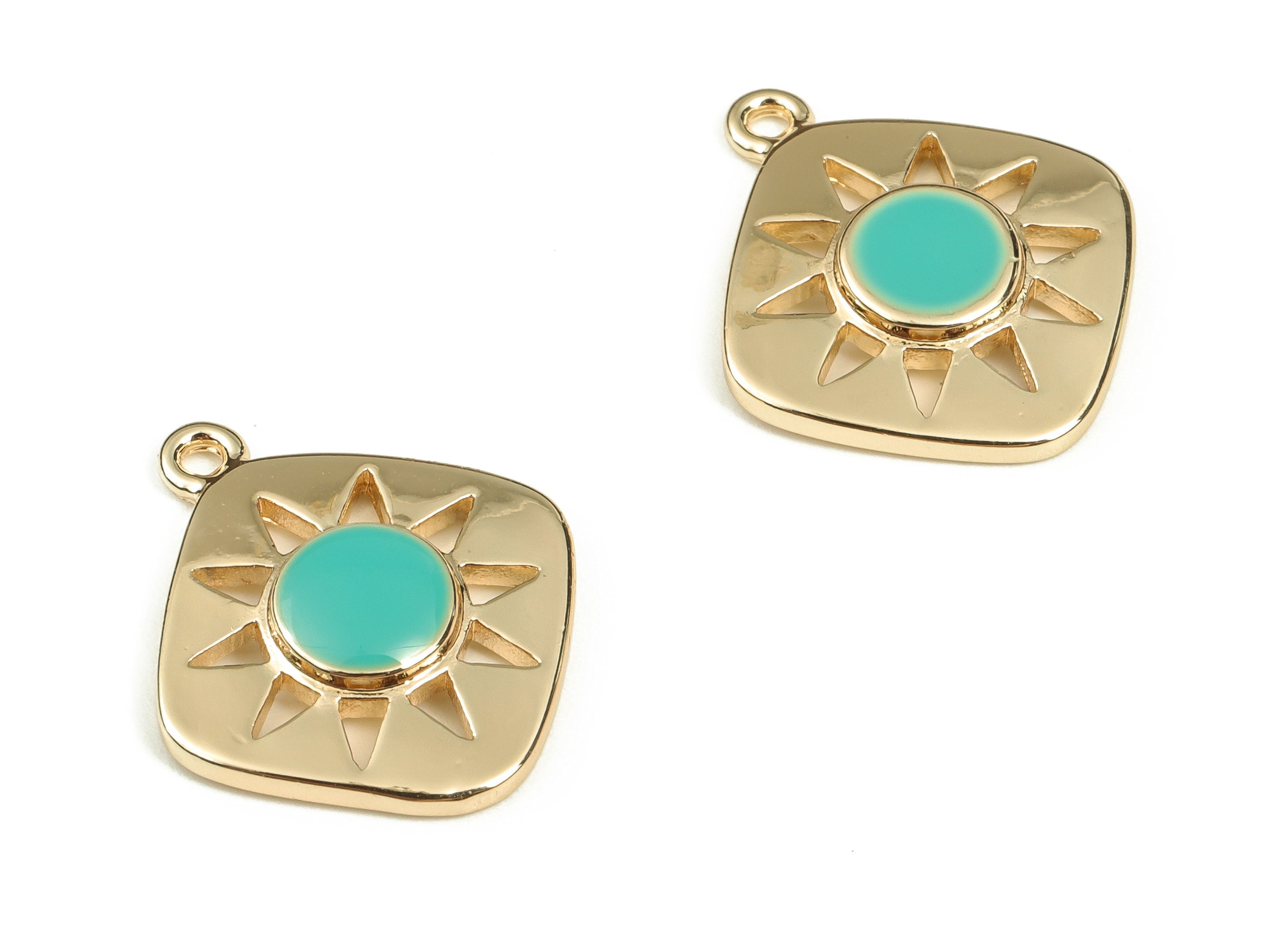 Brass Square Earring Charms - Gold Sun Pendant Charm - Enamel Charms - 18K Gold Plated Brass - Jewelry Supplies -16.5x14.2x2.6mm- RGP3528G - DOMEDBAZAAR