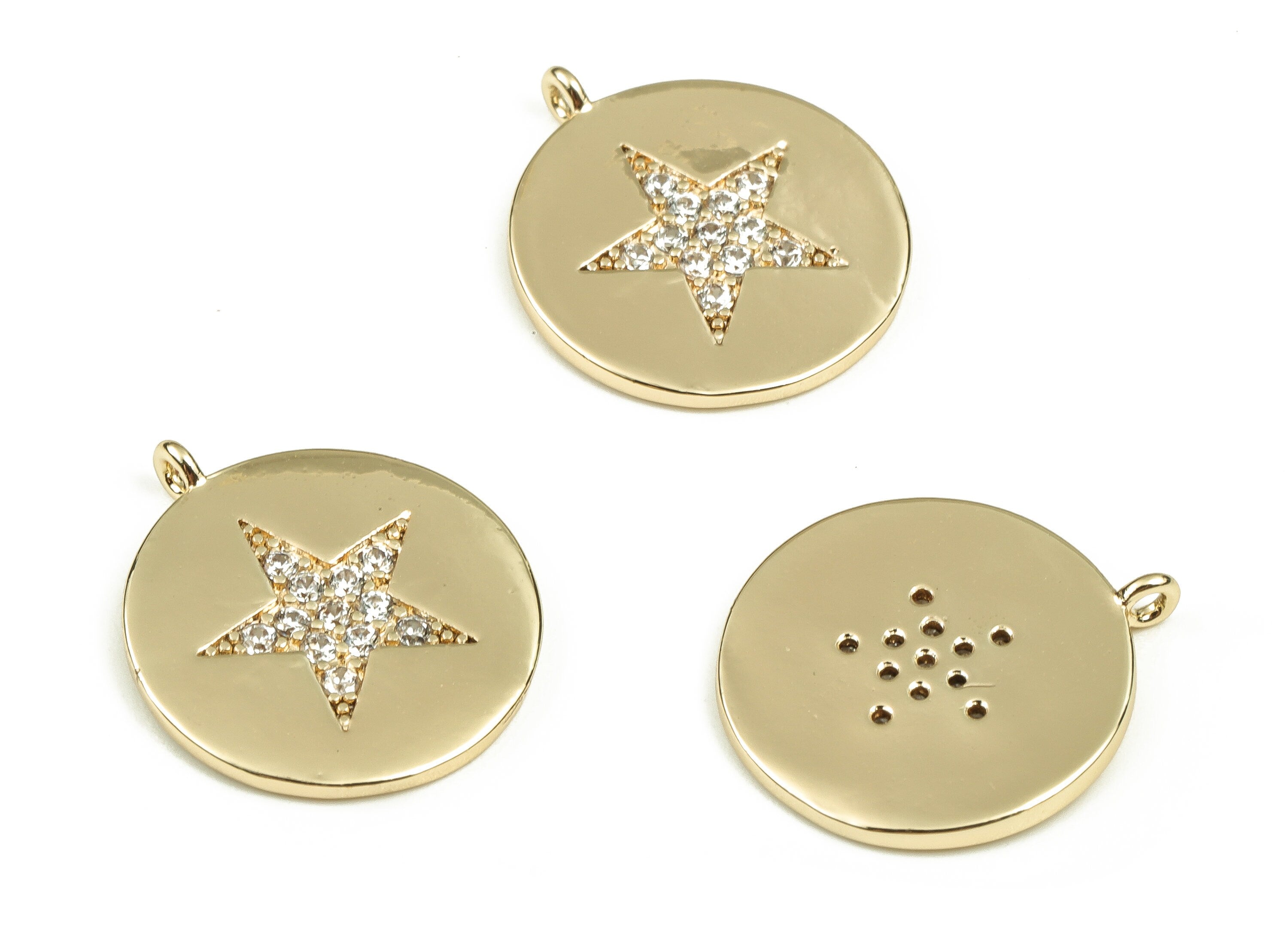 Brass Round Earring Charms With Zircons - Gold Star Pendant - 18K Real Gold Plated Brass - Jewelry Supplies - 16.68x14.58x1.53mm - RGP3537 - DOMEDBAZAAR