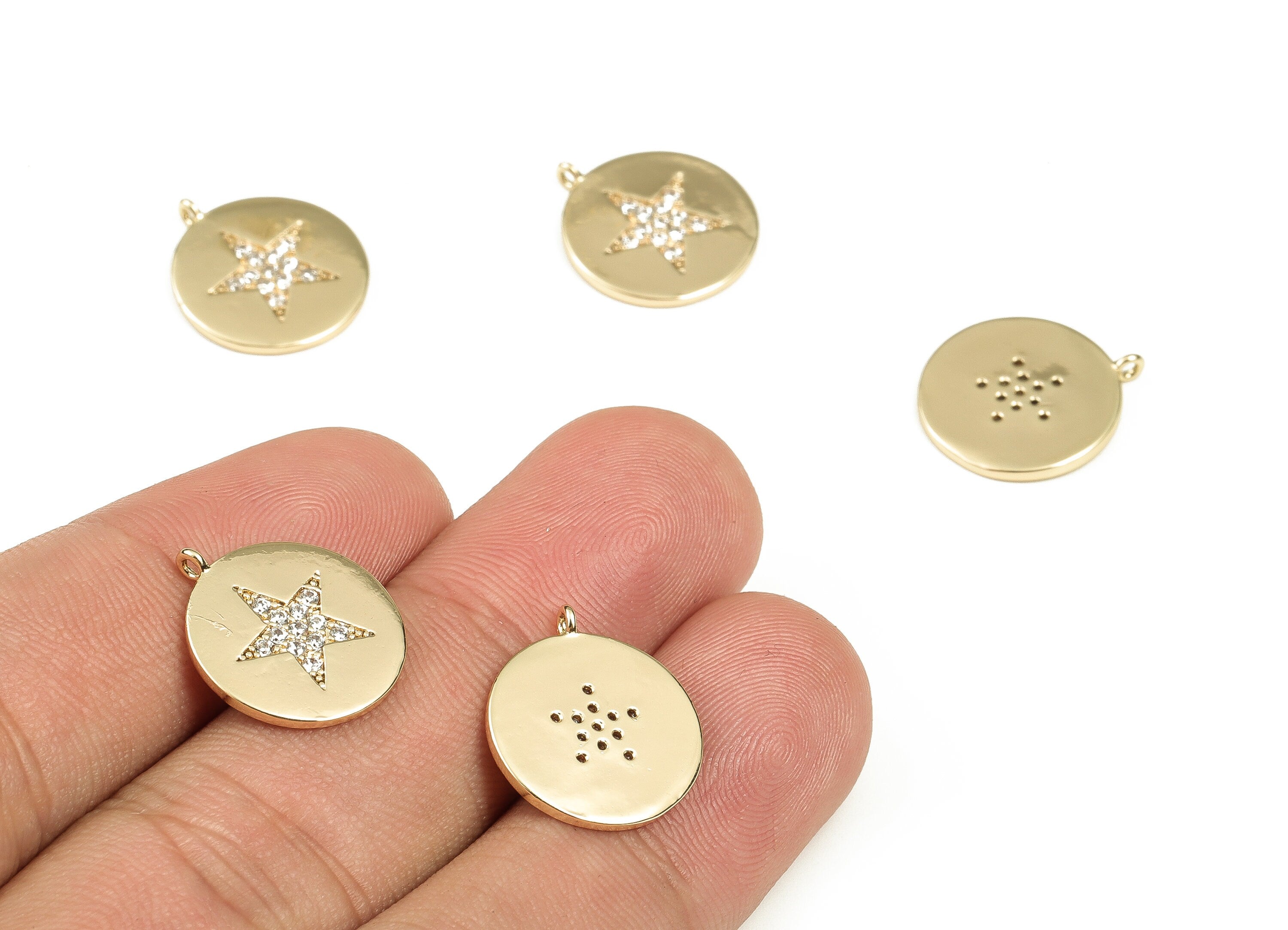 Brass Round Earring Charms With Zircons - Gold Star Pendant - 18K Real Gold Plated Brass - Jewelry Supplies - 16.68x14.58x1.53mm - RGP3537 - DOMEDBAZAAR