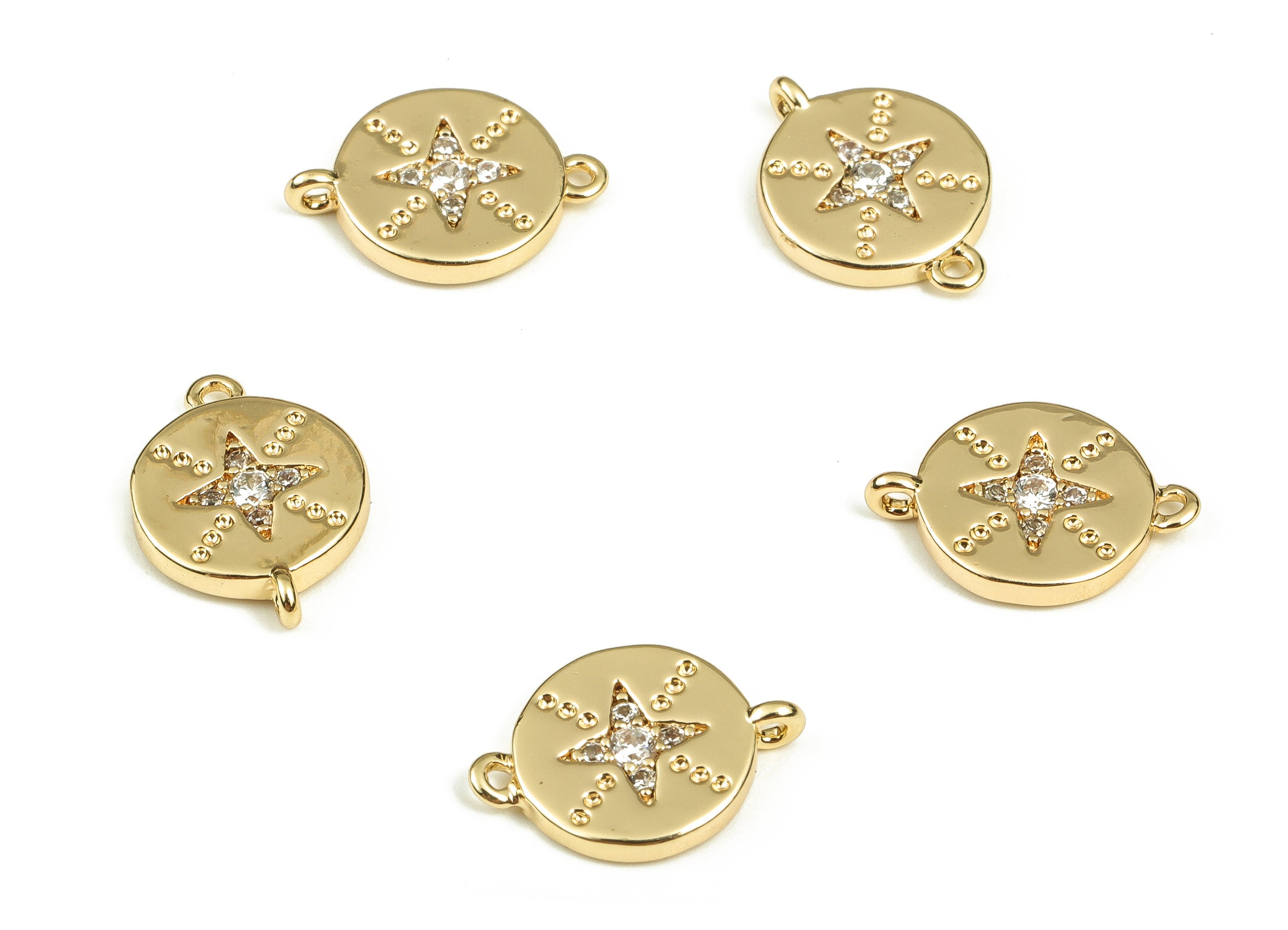 Brass Round Earring Connector With Zircons - Gold Star Pendant - 18K Real Gold Plated Brass - Jewelry Supplies - 12x8.66x1.59mm - RGP3490 - DOMEDBAZAAR