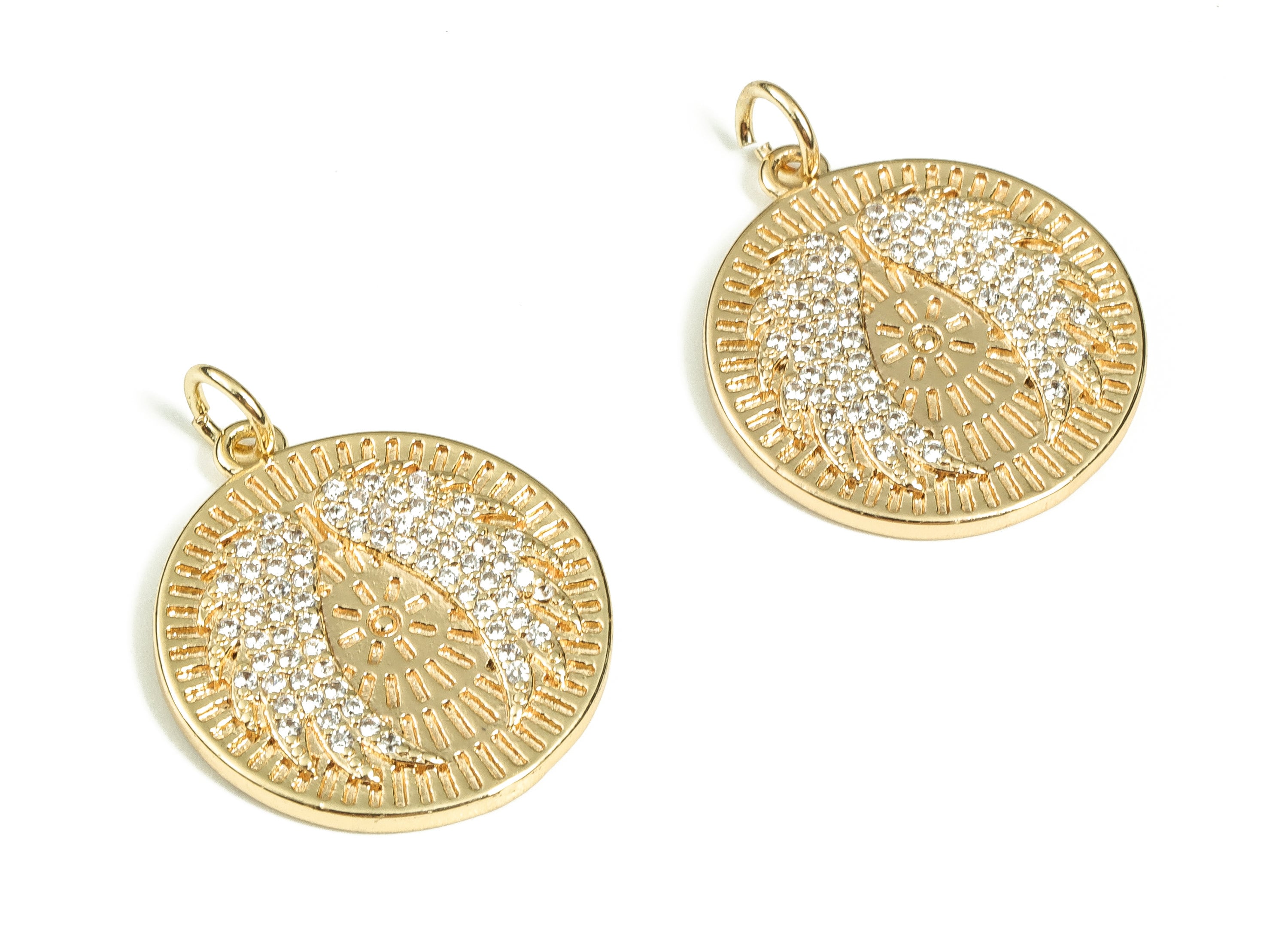 Brass Round Wing Earring Charms With Zircons - Gold Circle Pendant - 18K Real Gold Plated Brass - 21.85x19.63x1.96mm - RGP3556 - DOMEDBAZAAR