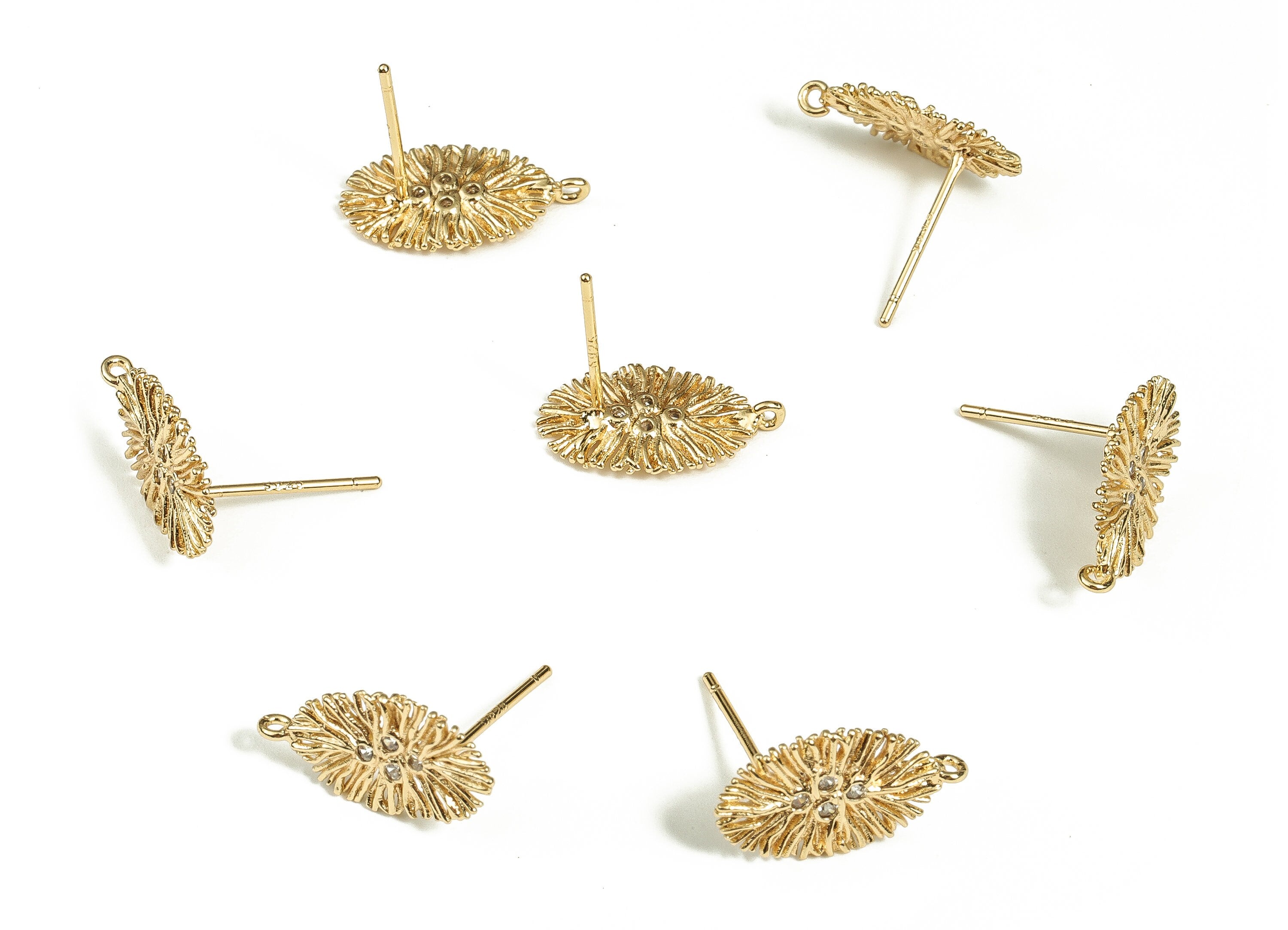 Brass Leaf Earring Stud With Zircons - Gold Leaf Earring Post - Stainless Steel Stud - 18K Real Gold Plated Brass – 15x8.5x1.1mm - RGP3500 - DOMEDBAZAAR