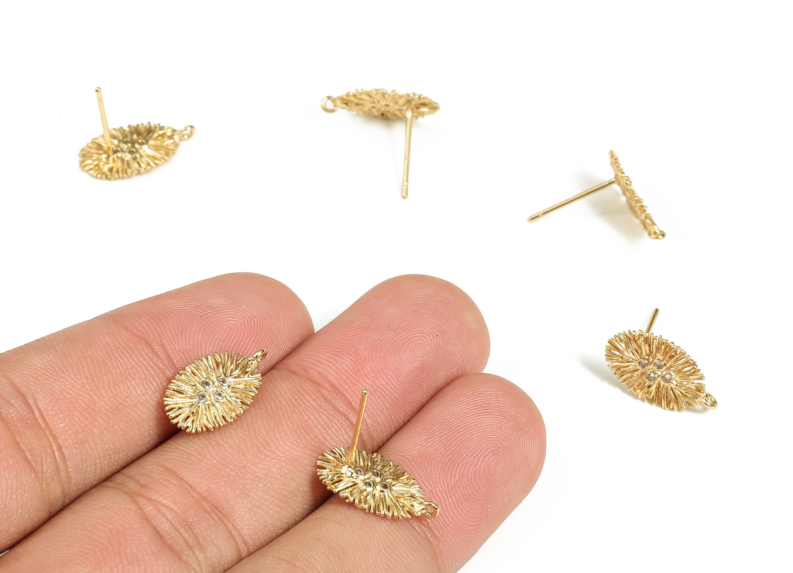 Brass Leaf Earring Stud With Zircons - Gold Leaf Earring Post - Stainless Steel Stud - 18K Real Gold Plated Brass – 15x8.5x1.1mm - RGP3500 - DOMEDBAZAAR