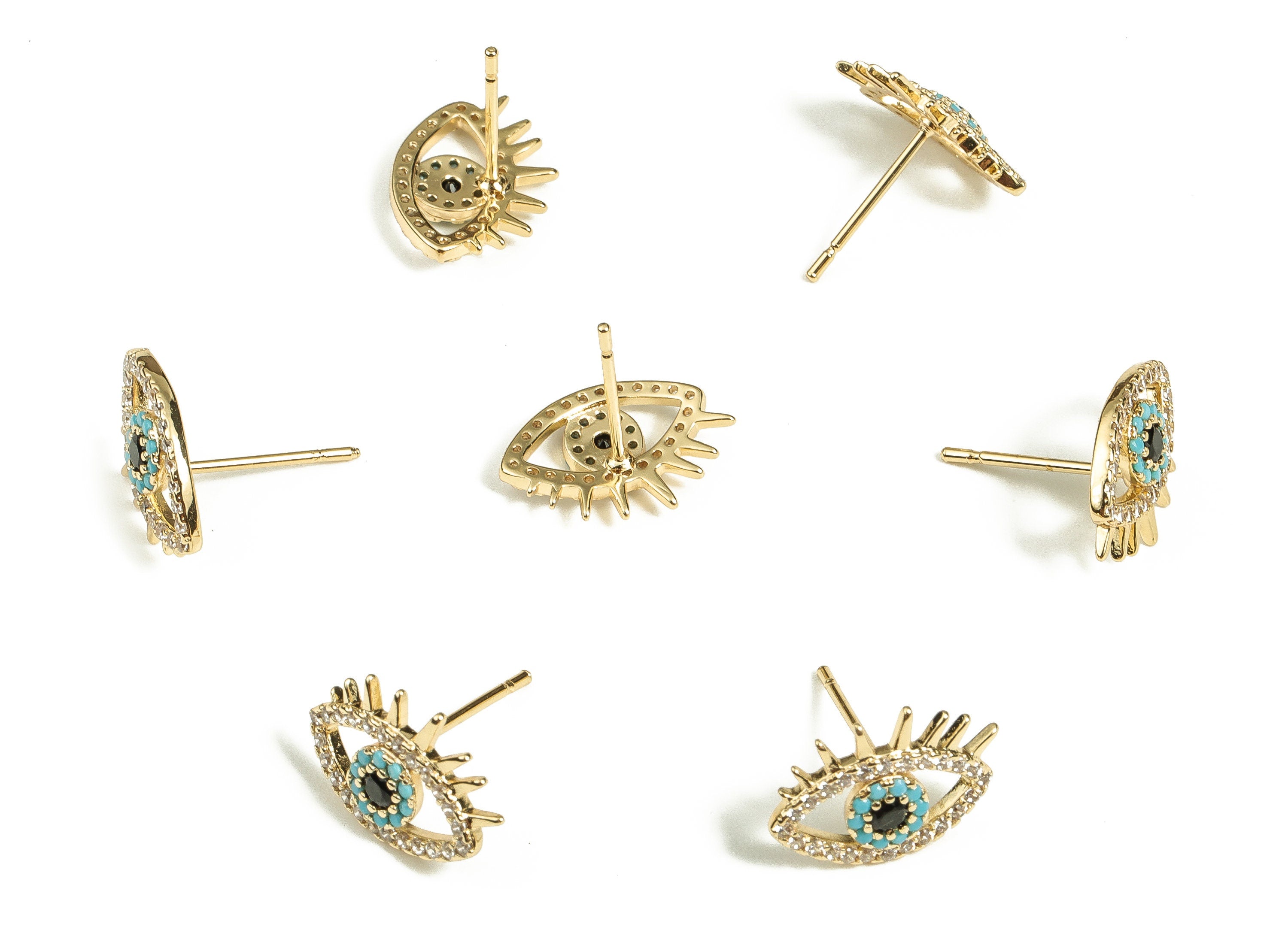 Brass Eye Earring Stud With Zircons - Gold Eye Earring Post - Stainless Steel Stud - 18K Real Gold Plated Brass – 14x9.5x2.23mm - RGP3501 - DOMEDBAZAAR