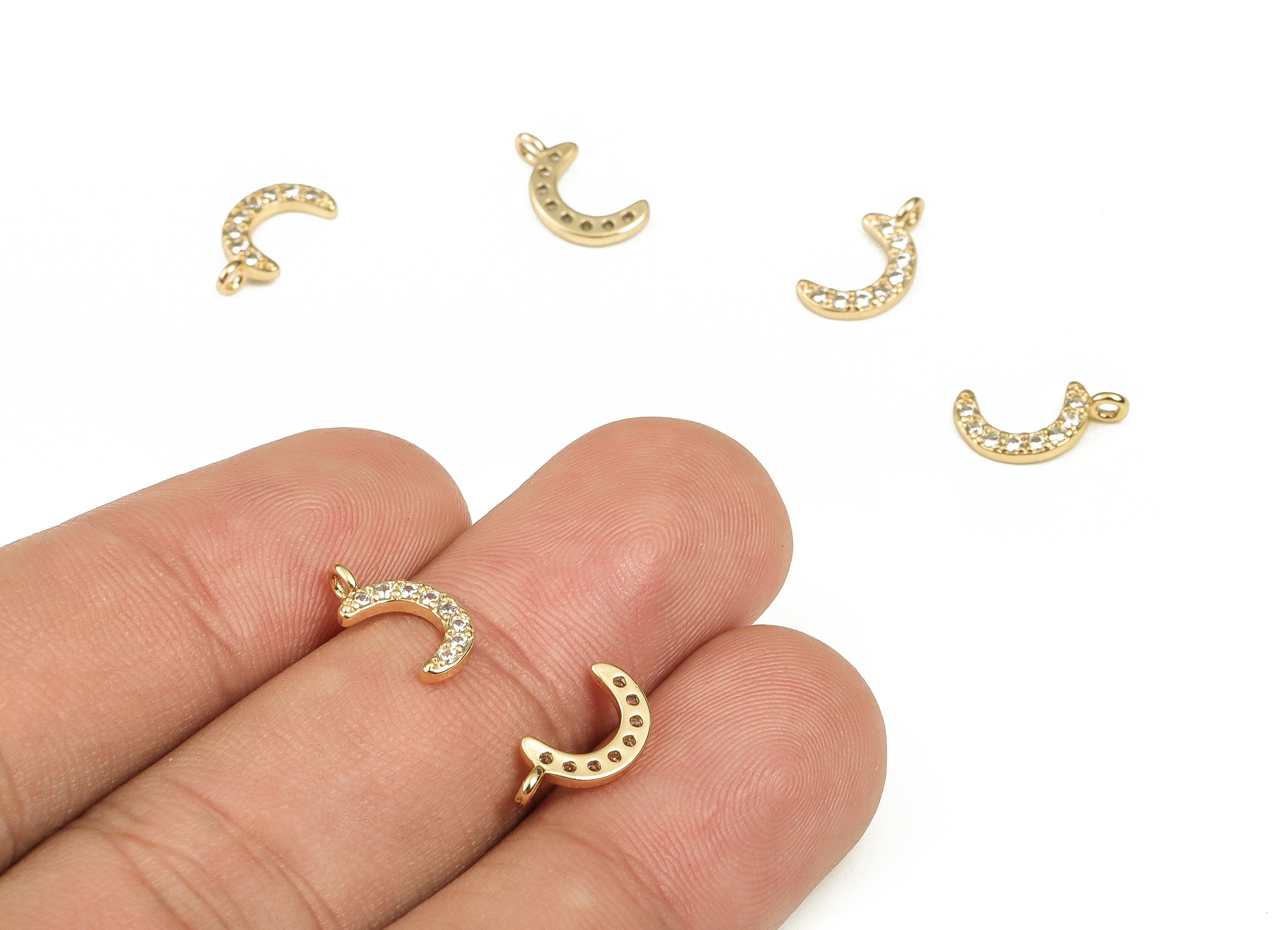Brass Crescent Earring Charms With Zircons - Gold Moon Pendant - 18K Real Gold Plated Brass - Jewelry Supplies - 11.74x6.25x1.42mm - RGP3730 - DOMEDBAZAAR