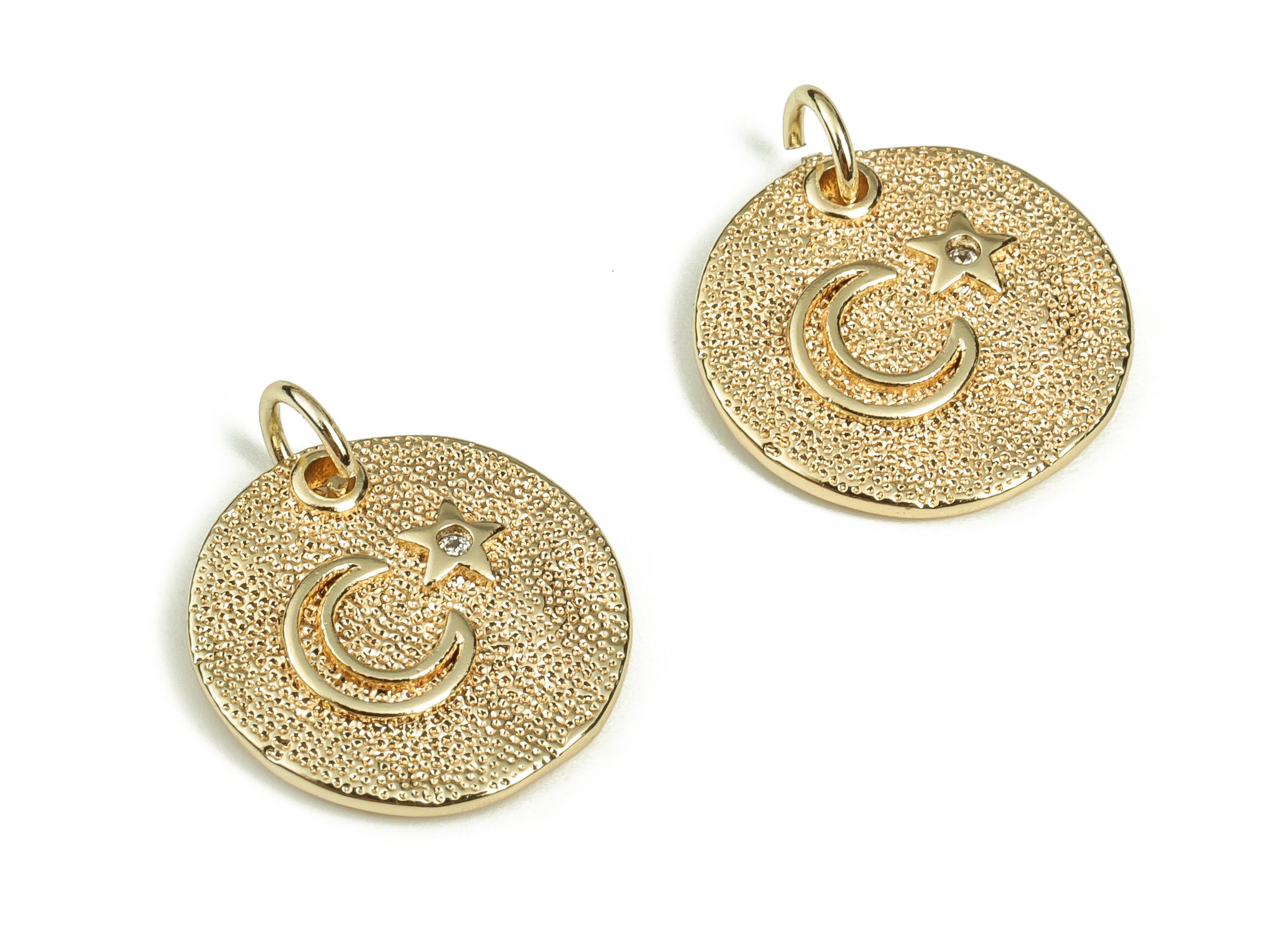 Brass Round Earring Charms – Zircon Moon and Star Pendant Charm - 18K Real Gold Plated Brass - Jewelry Supplies -12.6x12.6x1.85mm- RGP3507 - DOMEDBAZAAR