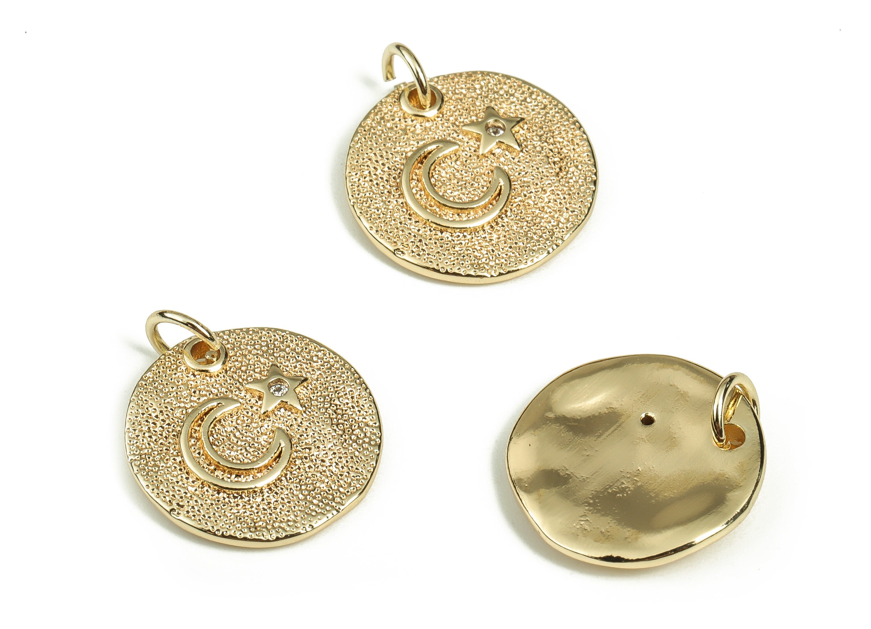 Brass Round Earring Charms – Zircon Moon and Star Pendant Charm - 18K Real Gold Plated Brass - Jewelry Supplies -12.6x12.6x1.85mm- RGP3507 - DOMEDBAZAAR