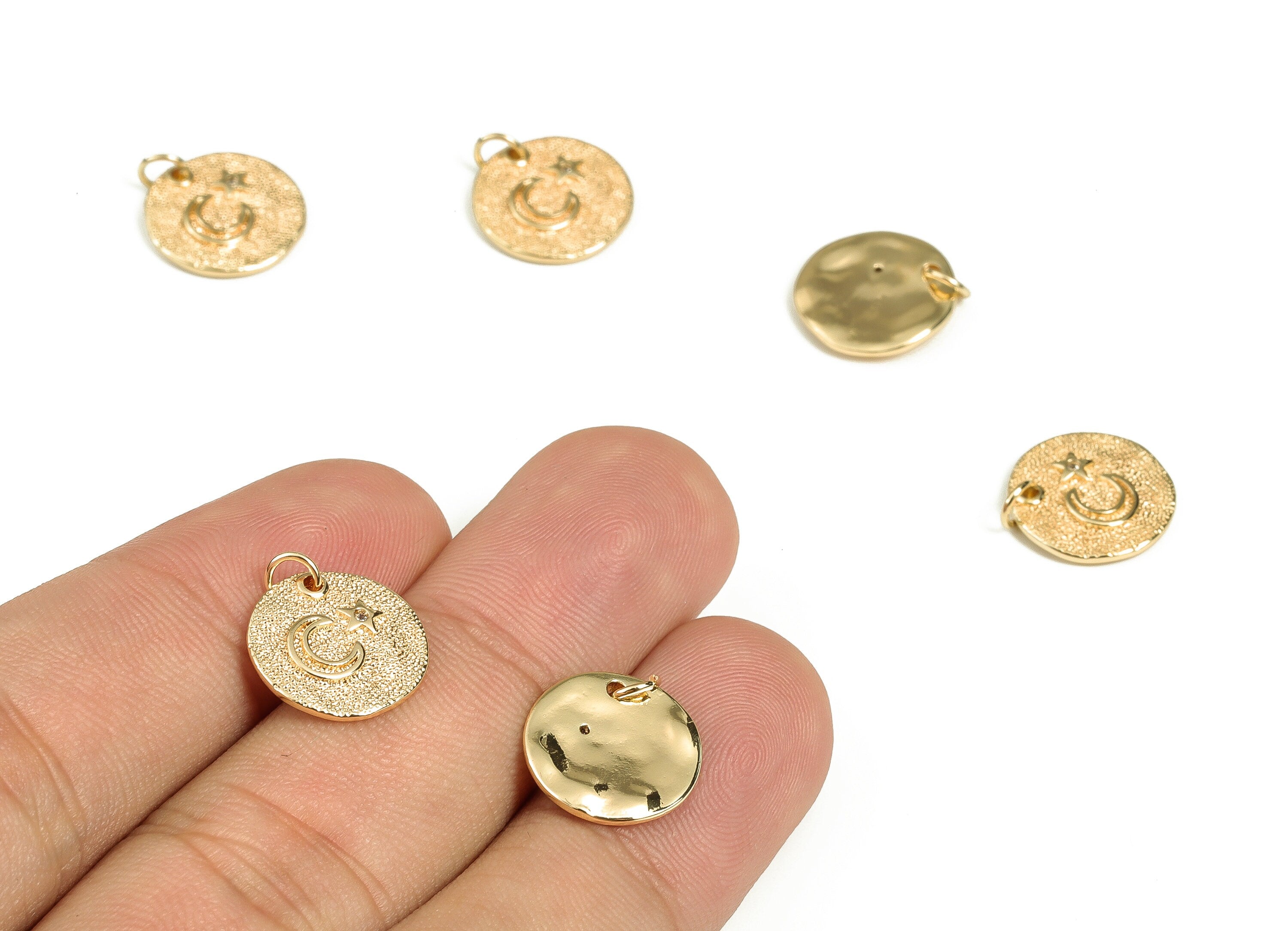 Brass Round Earring Charms – Zircon Moon and Star Pendant Charm - 18K Real Gold Plated Brass - Jewelry Supplies -12.6x12.6x1.85mm- RGP3507 - DOMEDBAZAAR