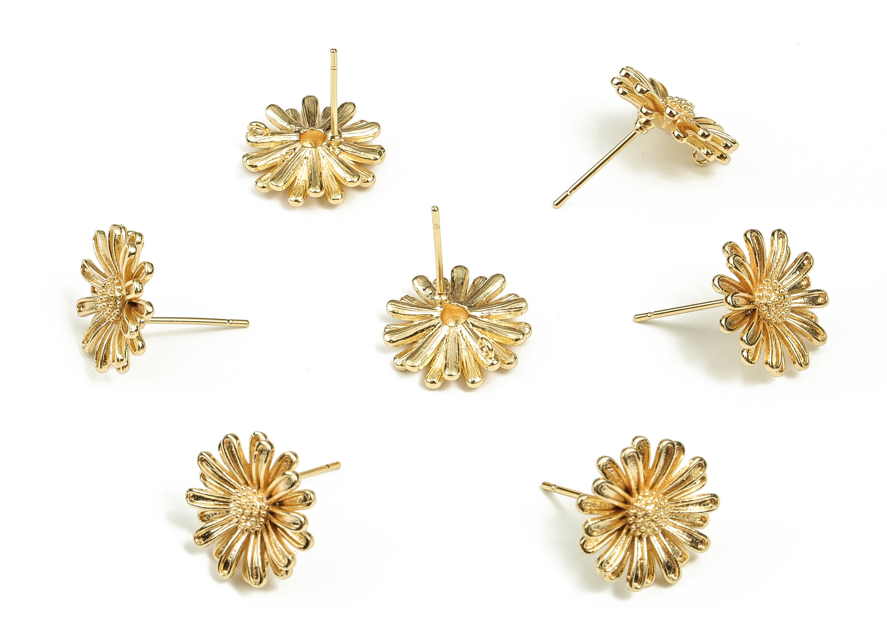 Brass Flower Earrings Post - Gold Flower Earrings Stud - 18K Real Gold Plated Brass - Jewelry Making Supplies -15.17x15.09x3.65mm- RGP3698 - DOMEDBAZAAR