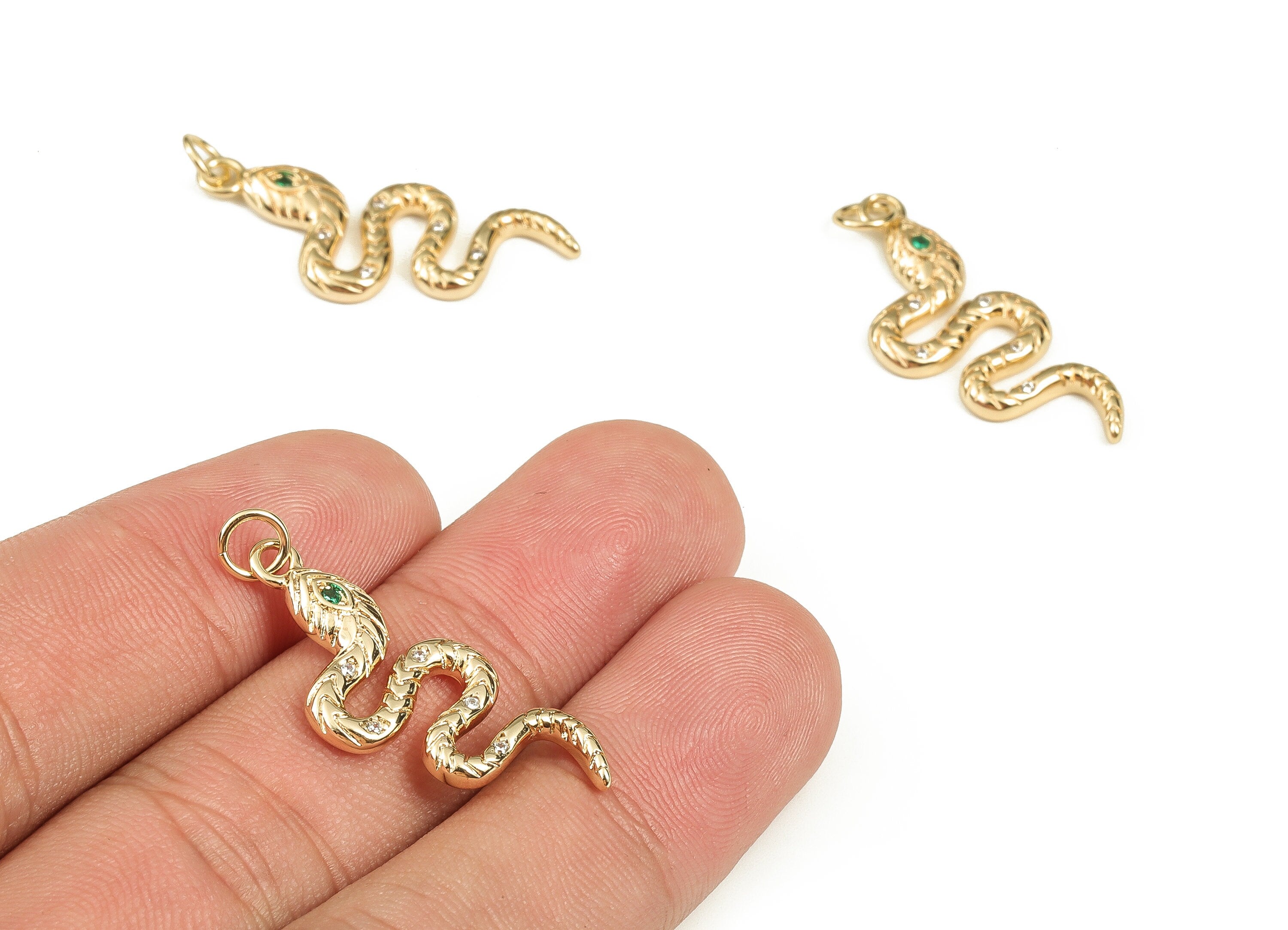 Brass Snake Earring Charms With Zircons - Gold Snake Pendant - 18K Real Gold Plated Brass - Jewelry Supplies - 30.06x12.45x2.06mm - RGP3570 - DOMEDBAZAAR