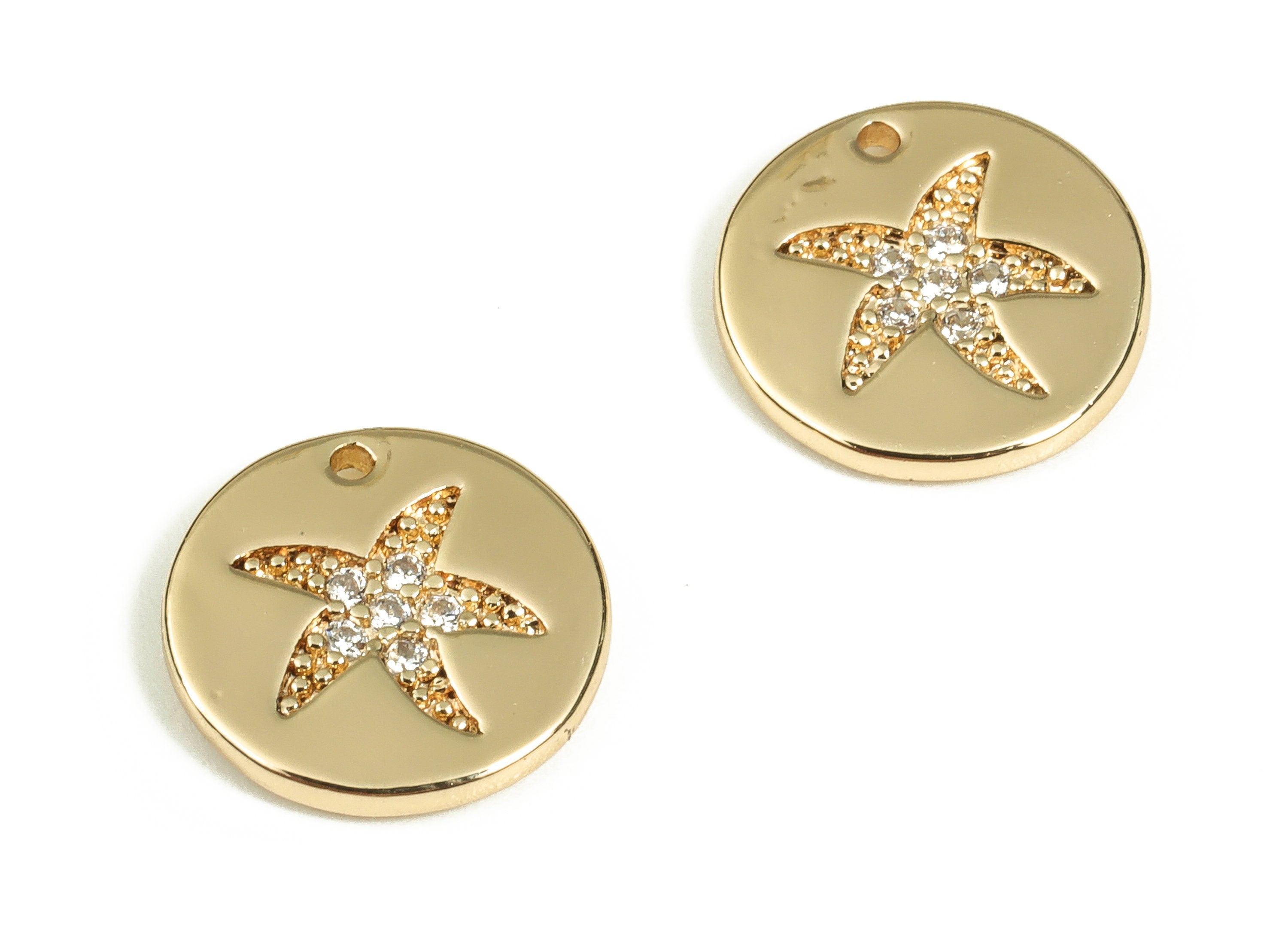 Brass Round Earring Charms With Zircons - Gold Starfish Pendant - 18K Real Gold Plated Brass - Jewelry Supplies - 10.15x10.3x1.5mm - RGP3477 - DOMEDBAZAAR