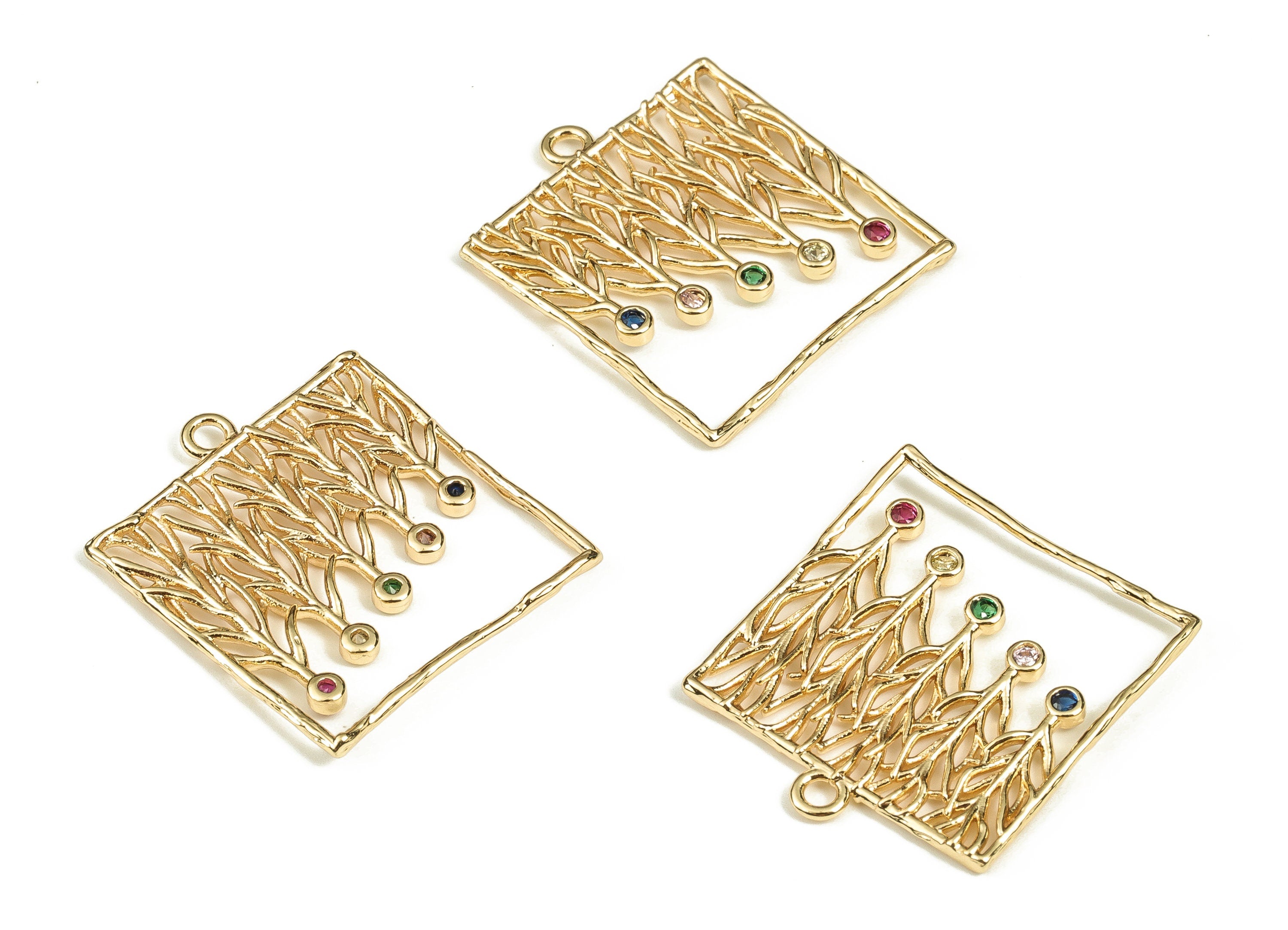 Brass Square Earring Charms With Zircon - Gold Hollow out Pendant - 18K Real Gold Plated Brass - Jewelry Supplies - 24.5x19.5x1.7mm- RGP3479 - DOMEDBAZAAR