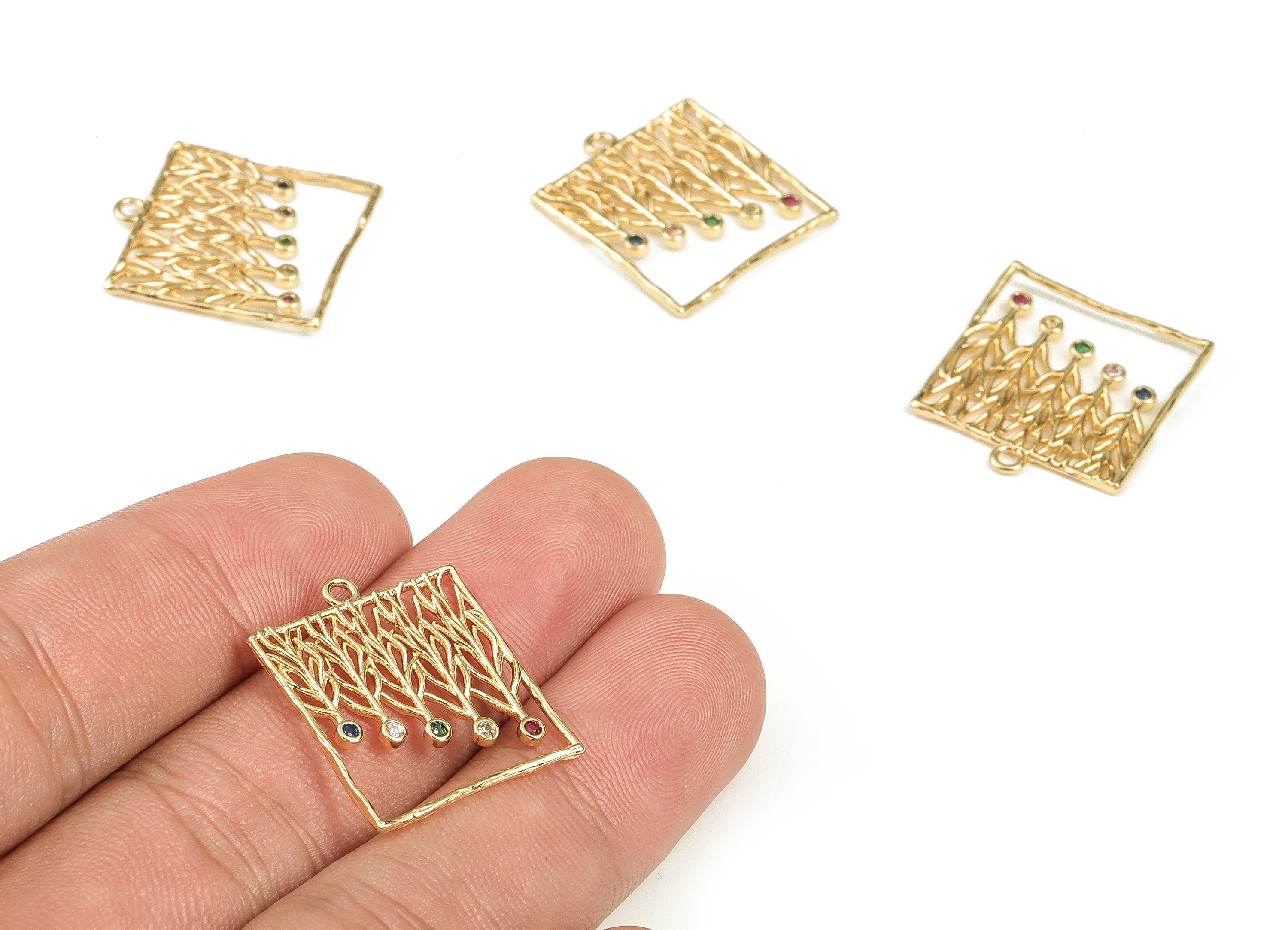 Brass Square Earring Charms With Zircon - Gold Hollow out Pendant - 18K Real Gold Plated Brass - Jewelry Supplies - 24.5x19.5x1.7mm- RGP3479 - DOMEDBAZAAR
