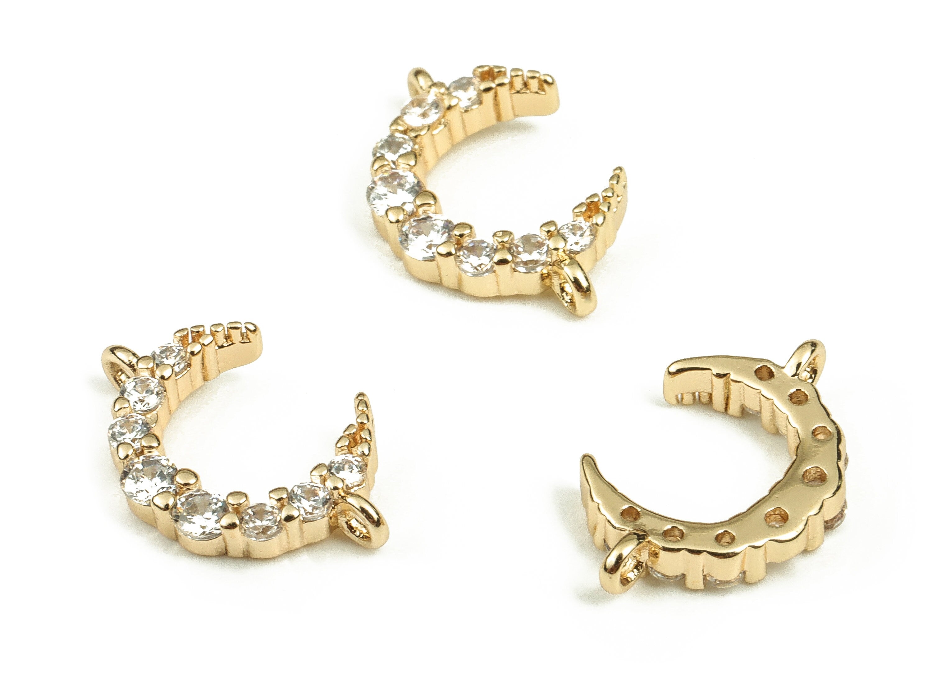Brass Crescent Earring Connector With Zircons - Gold Moon Pendant - 18K Real Gold Plated Brass - Jewelry Supplies - 14.2x9.1x2.4mm - RGP3728 - DOMEDBAZAAR