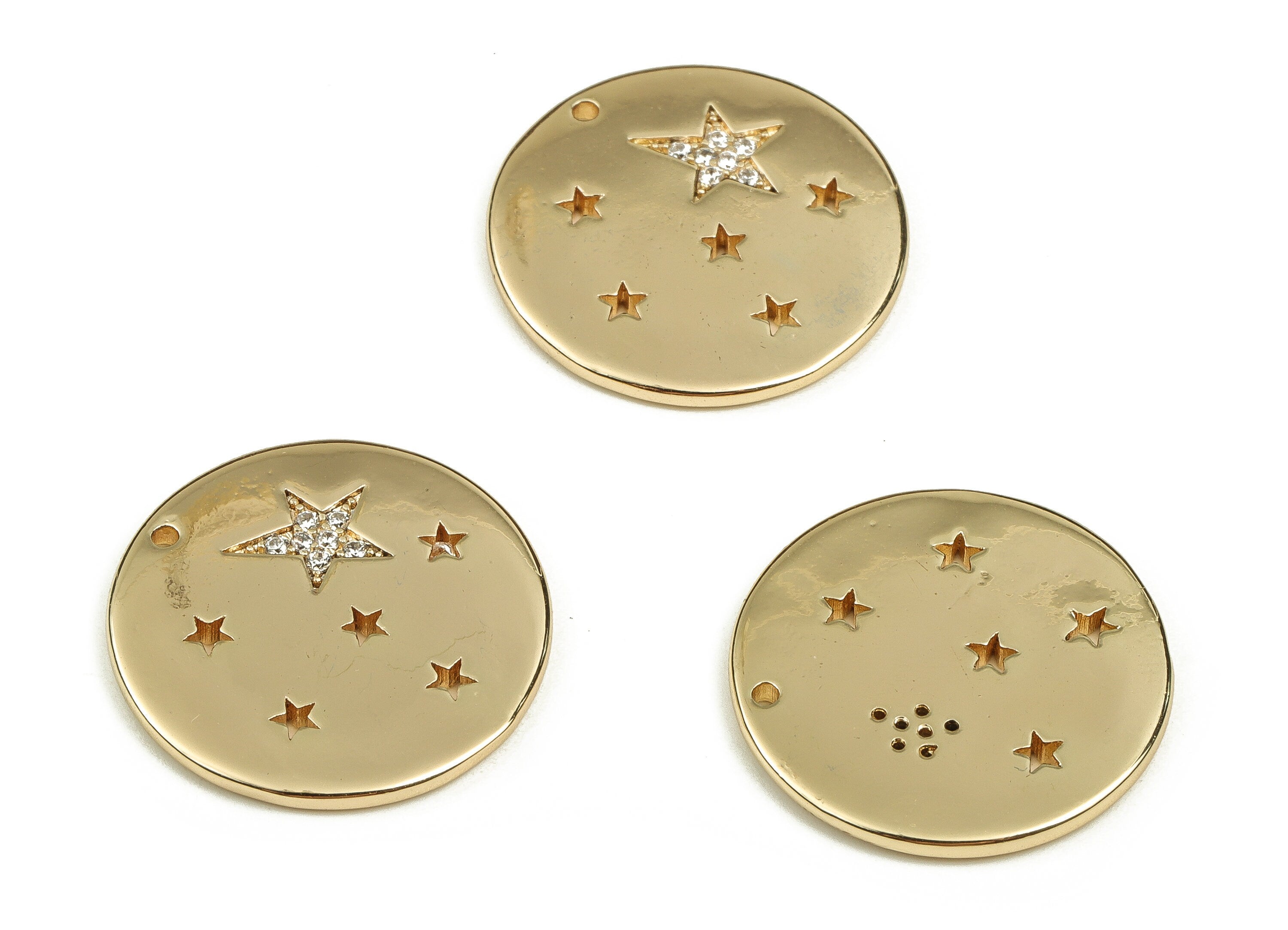 Brass Round Earring Charms With Zircons - Gold Star Pendant - 18K Real Gold Plated Brass - Jewelry Supplies - 19.79x19.87x1.81mm - RGP3726 - DOMEDBAZAAR