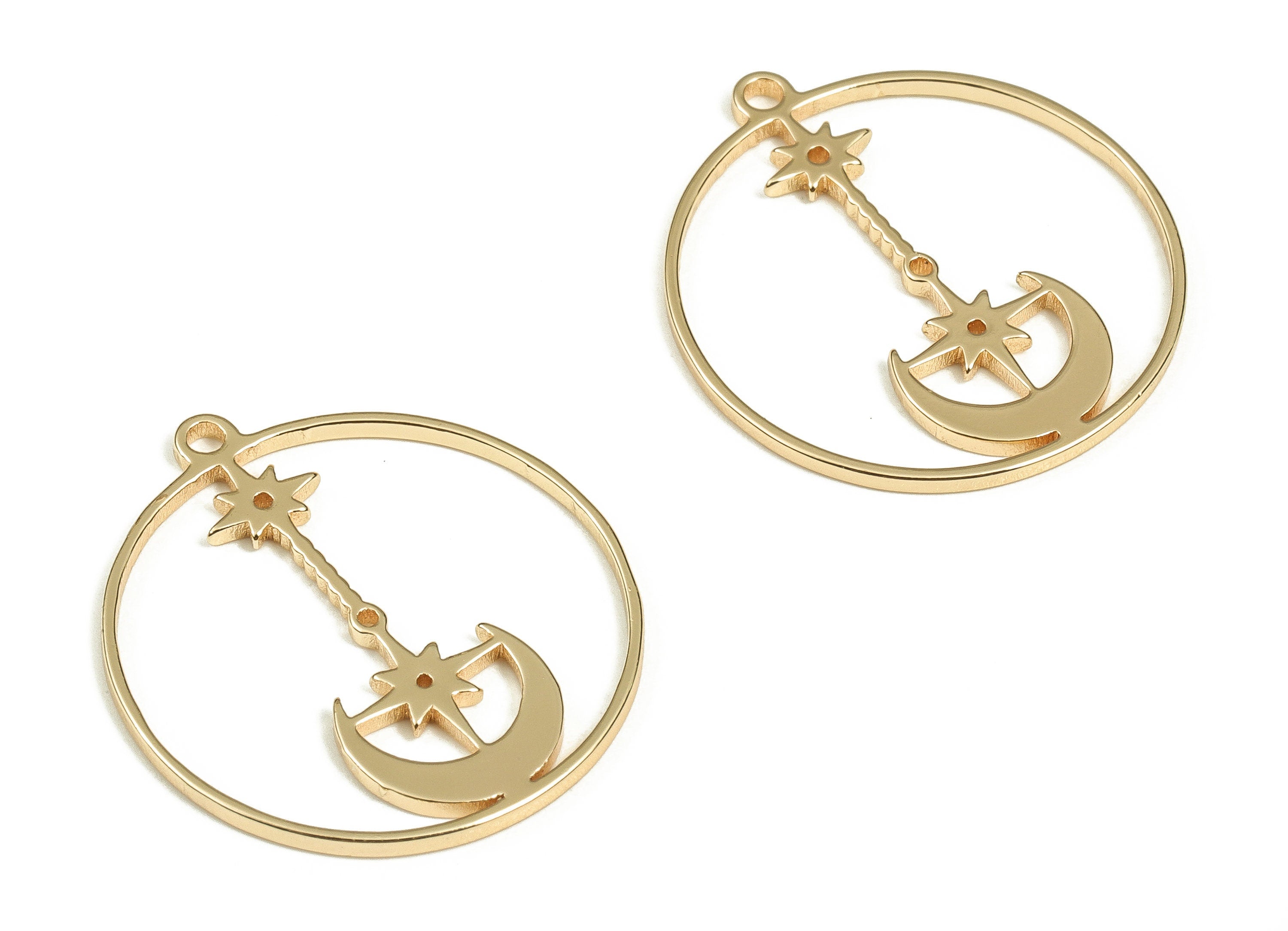 Brass Round Earring Charms - Gold Moon Star Pendant - 18K Real Gold Plated Brass - Jewelry Making Supplies - 21.88x19.84x1mm - RGP3731 - DOMEDBAZAAR