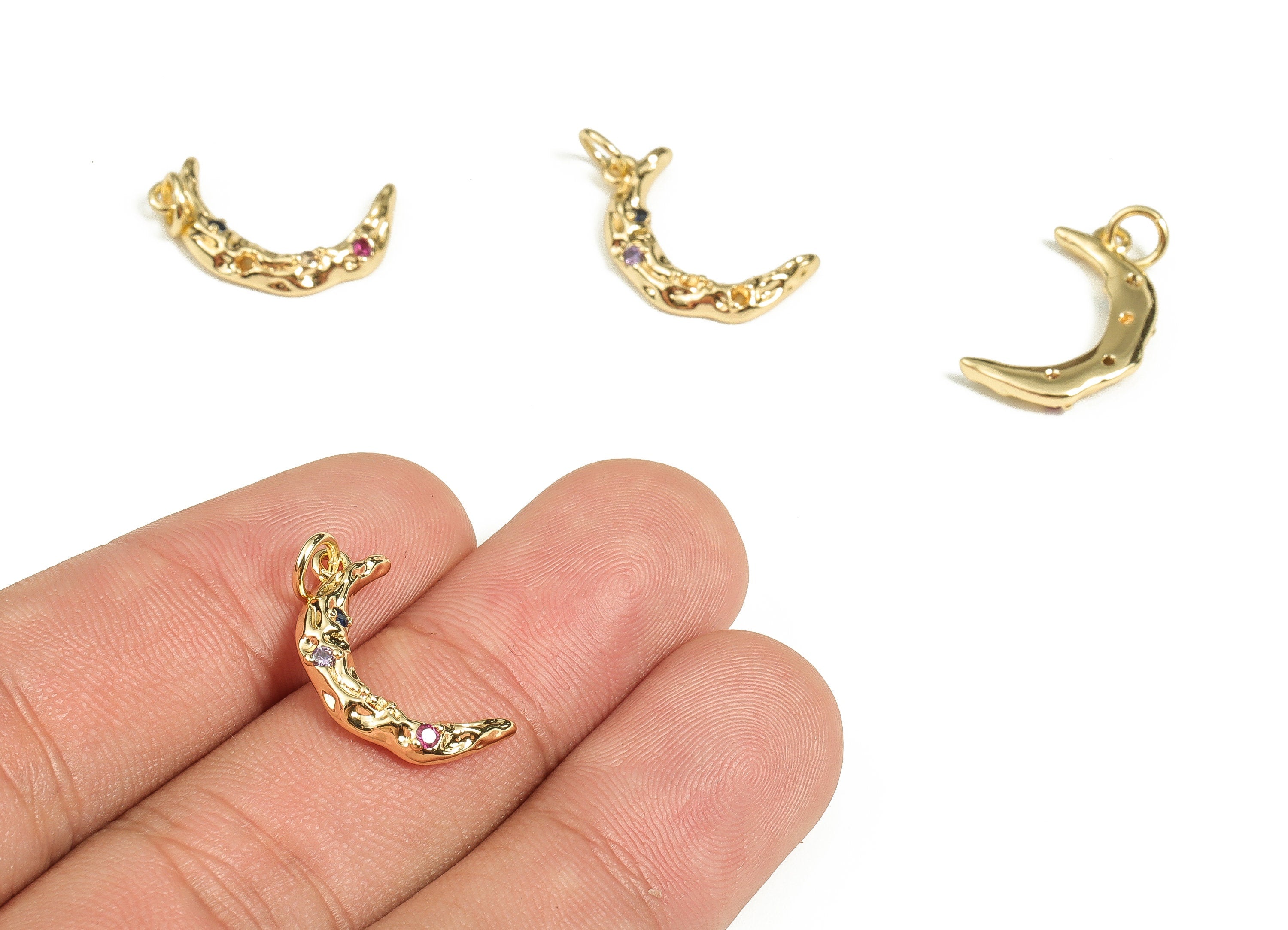 Brass Crescent Earring Charms With Zircons - Gold Moon Pendant - 18K Real Gold Plated Brass - Jewelry Supplies - 19.62x11.92x2.4mm - RGP3575 - DOMEDBAZAAR