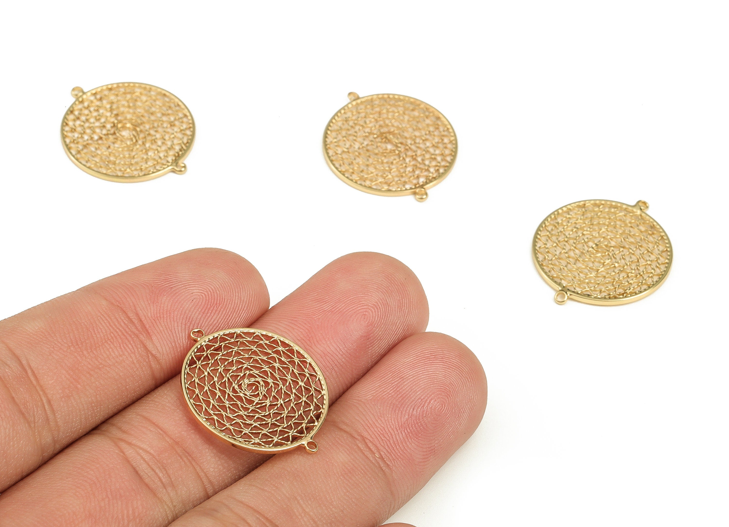 Brass Round Earring Connector - Gold  Hollowed Out Pendant - 18K Real Gold Plated Brass - Jewelry Supplies - 23.78x20.12x0.85mm - RGP3534 - DOMEDBAZAAR