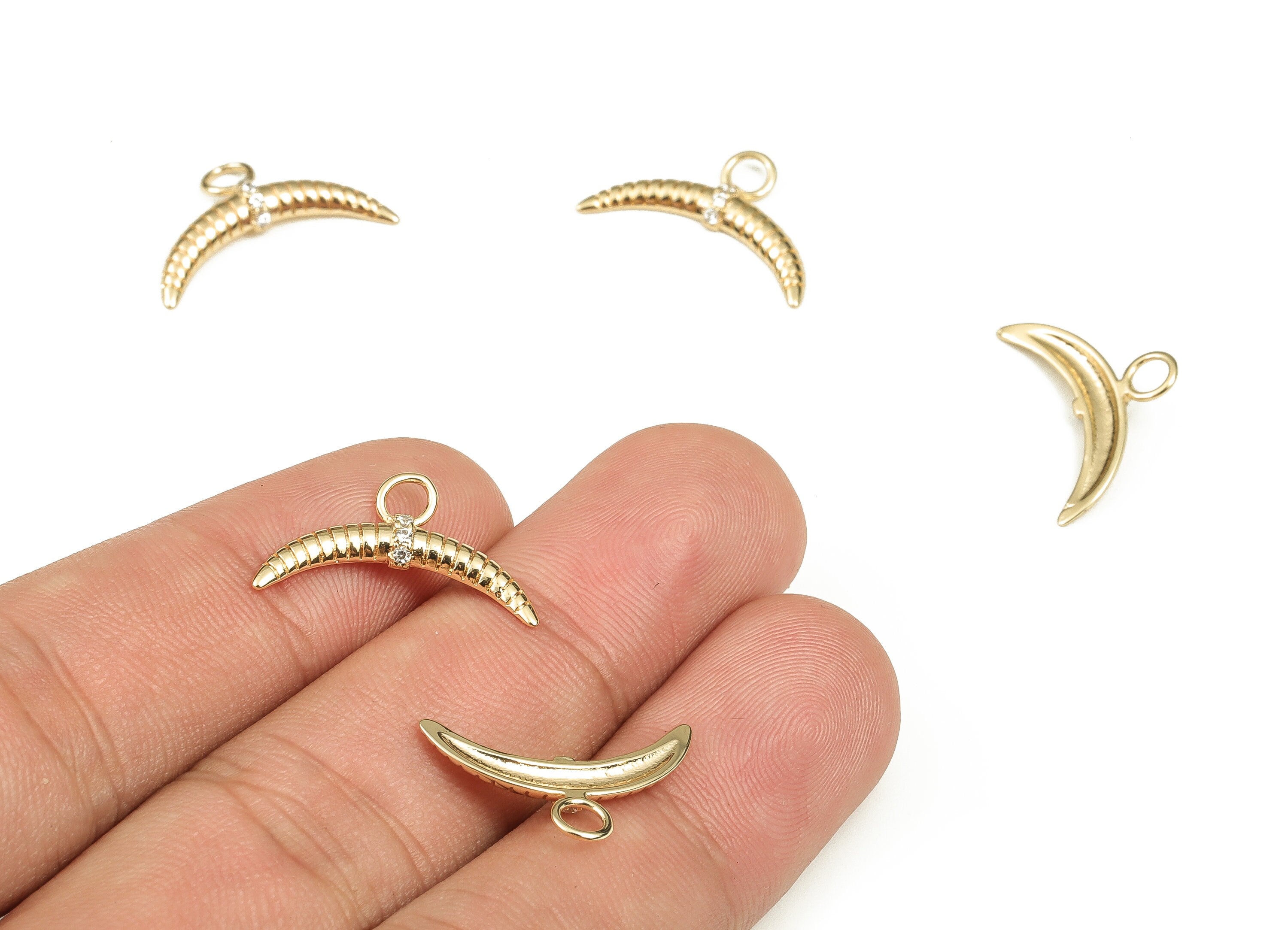 Brass Horn Earring Charms with Zircons - Gold Moon Pendant - 18K Real Gold Plated Brass Charm - Jewelry Supplies -20.36x12.19x2.8mm- RGP3551 - DOMEDBAZAAR