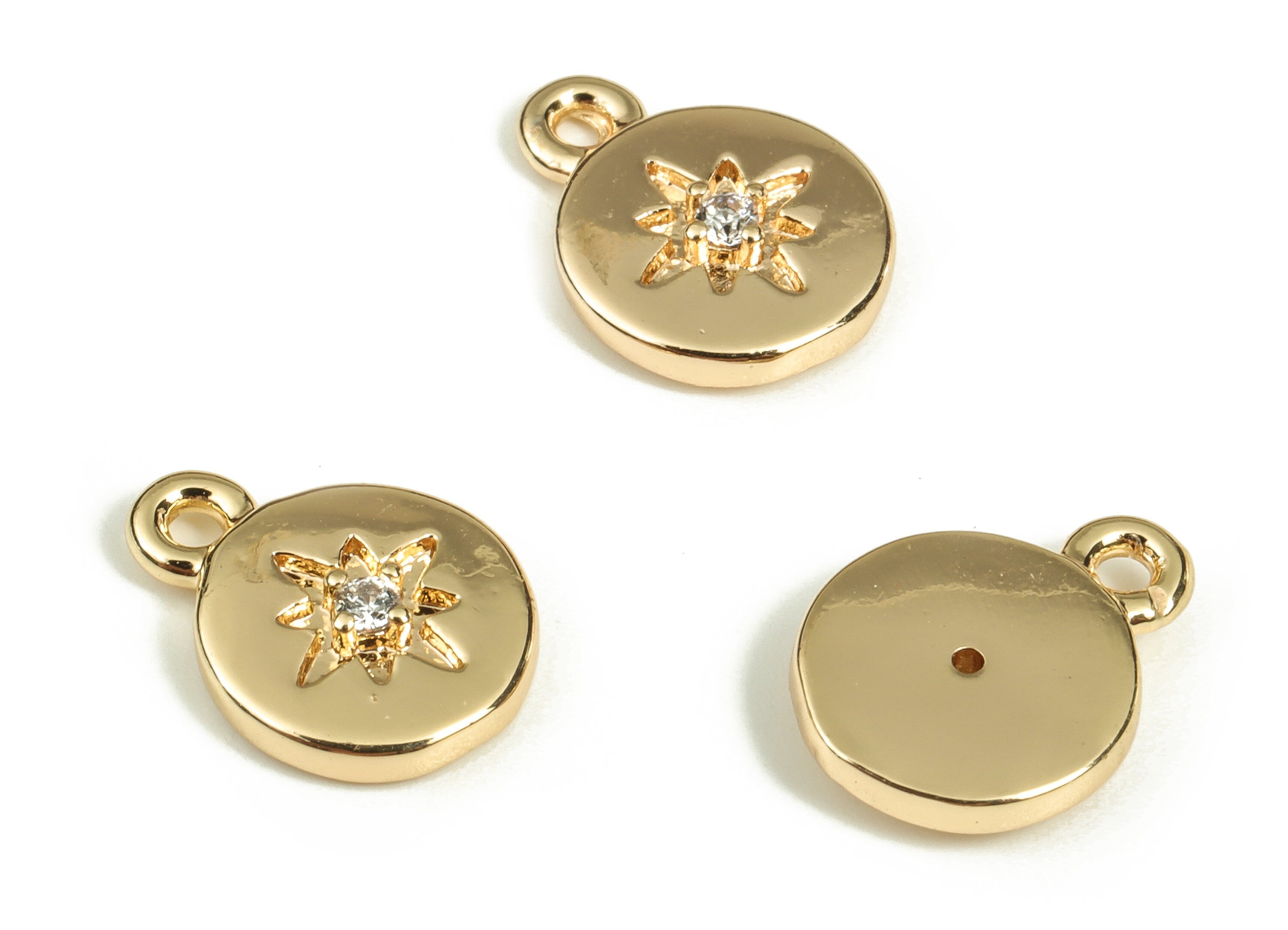 Brass Round Earring Charms With Zircons - Gold Star Pendant - 18K Real Gold Plated Brass - Jewelry Making Supplies - 10.35x8x2.2mm - RGP3513 - DOMEDBAZAAR