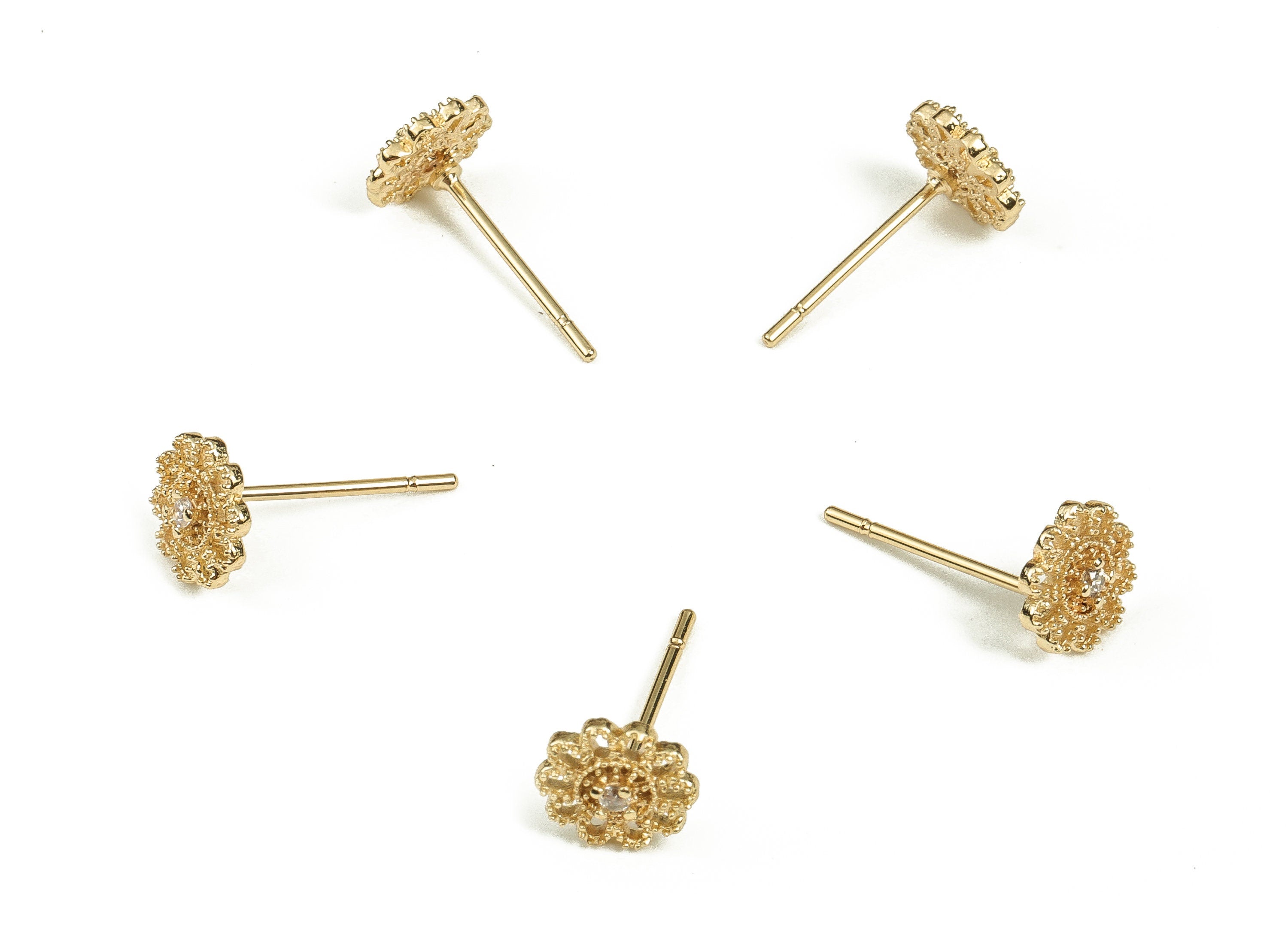 Brass Flower Earring Post With Zircon - Gold Flower Earring Stud - 18K Real Gold Plated Brass - Brass Stud - 7.35x7x 2.6mm - RGP3463 - DOMEDBAZAAR