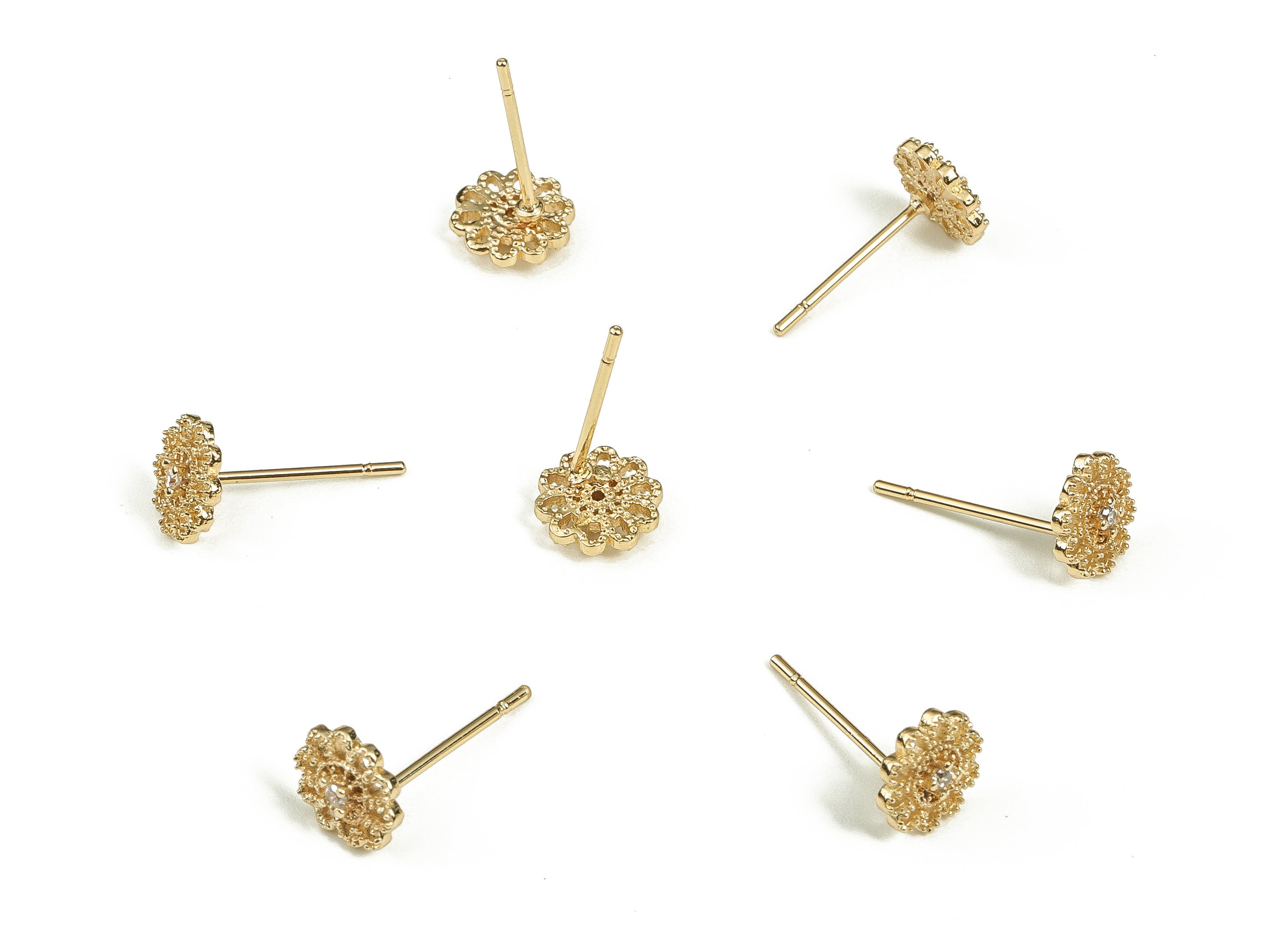 Brass Flower Earring Post With Zircon - Gold Flower Earring Stud - 18K Real Gold Plated Brass - Brass Stud - 7.35x7x 2.6mm - RGP3463 - DOMEDBAZAAR