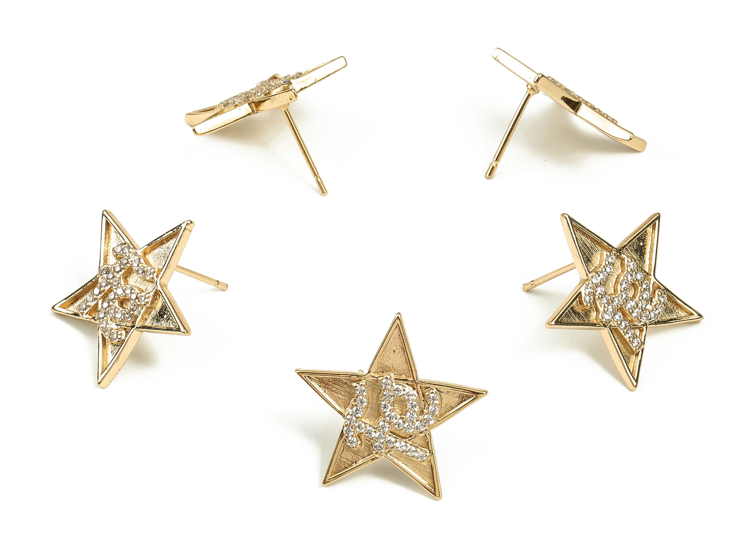 Brass Star Earring Post With Zircons - Gold Star Earring Stud - 18K Real Gold Plated Brass - Stainless Steel Stud - 19.87x21x2.1mm - RGP3725 - DOMEDBAZAAR