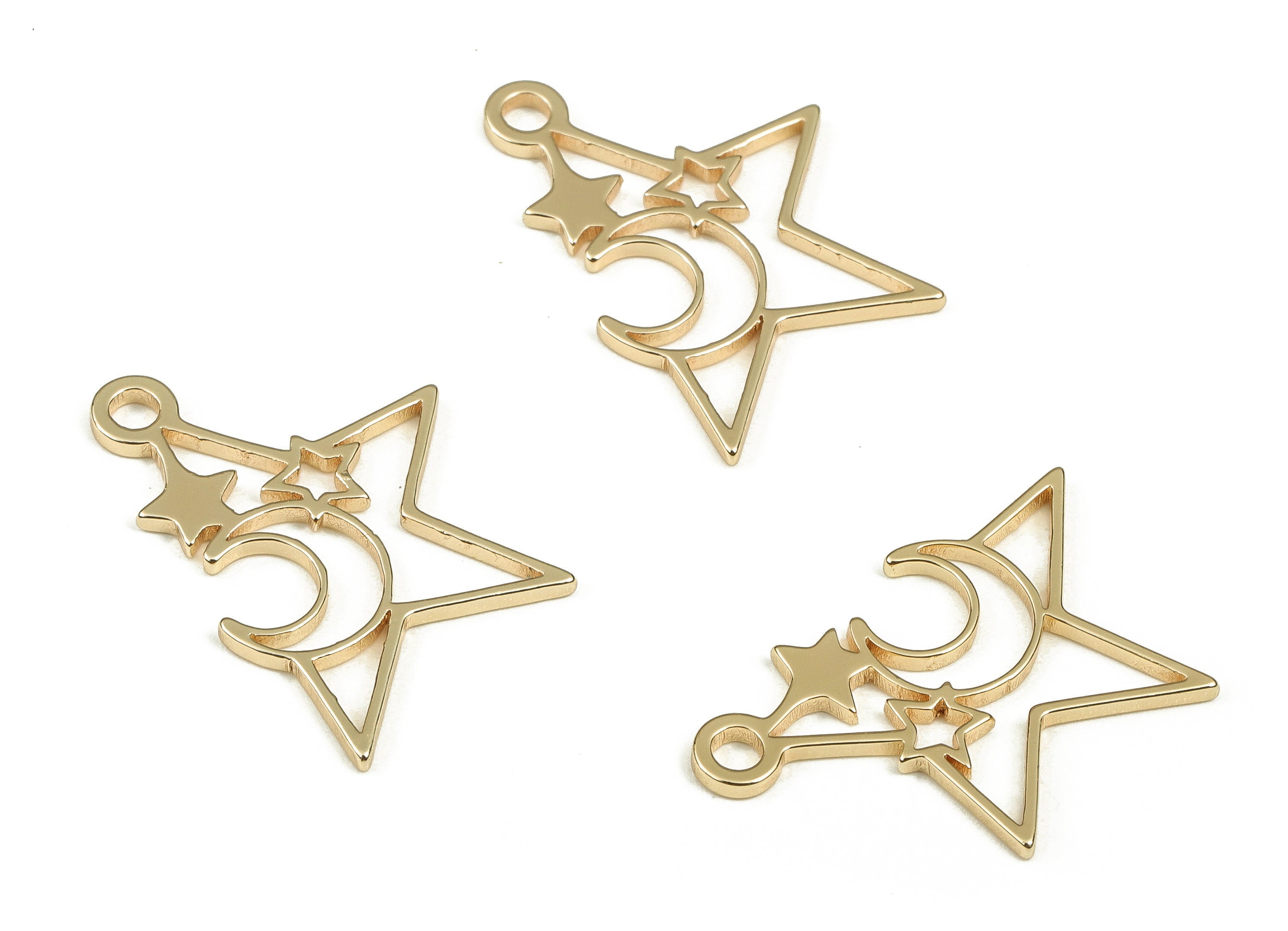 Brass Star Earring Charms - Gold Moon Pendant - 18K Real Gold Plated Brass - Jewelry Making Supplies - 20.05x18.53x0.99mm - RGP3732 - DOMEDBAZAAR